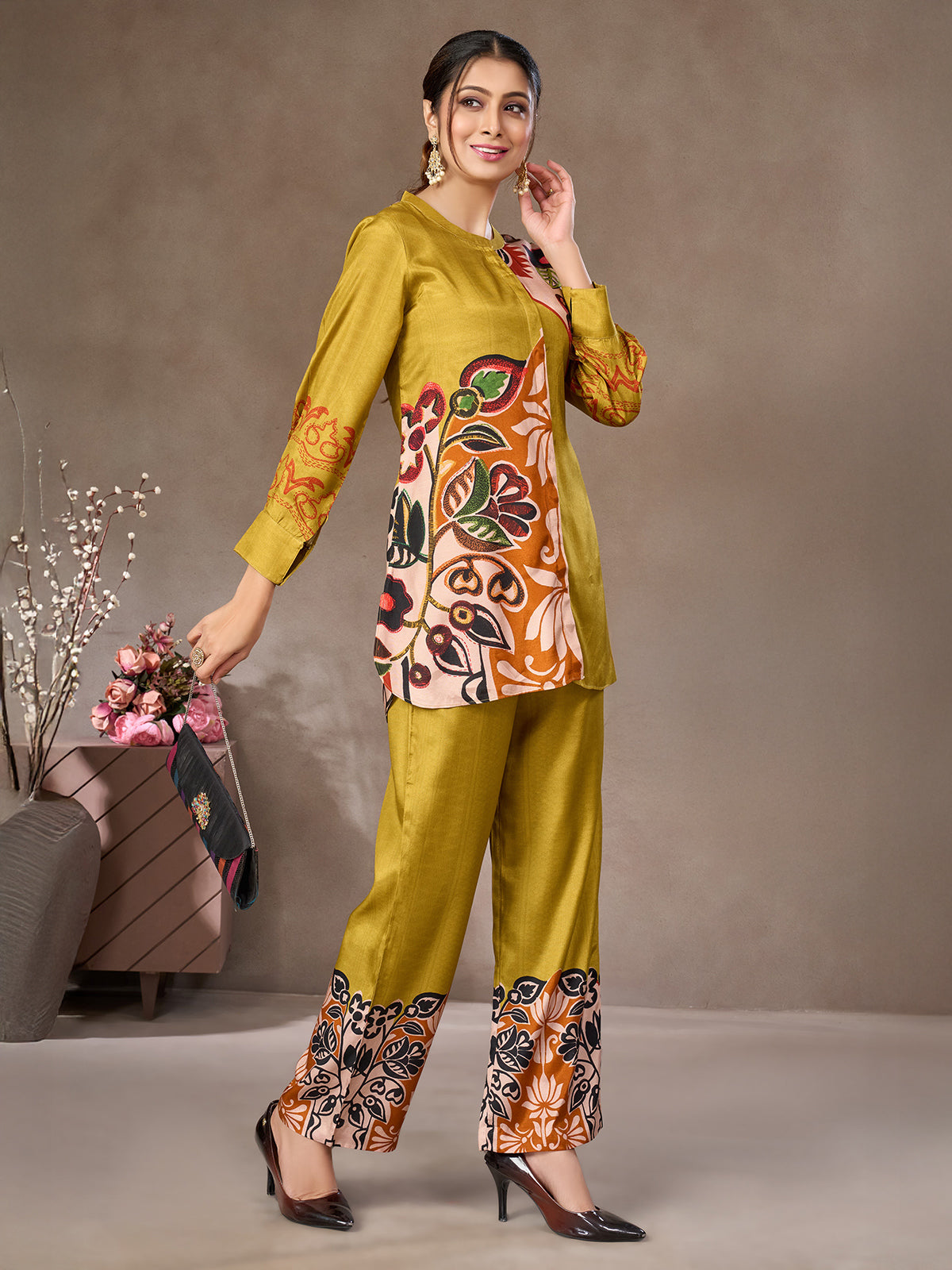 Mehendi green floral printed crepe silk co-ord set