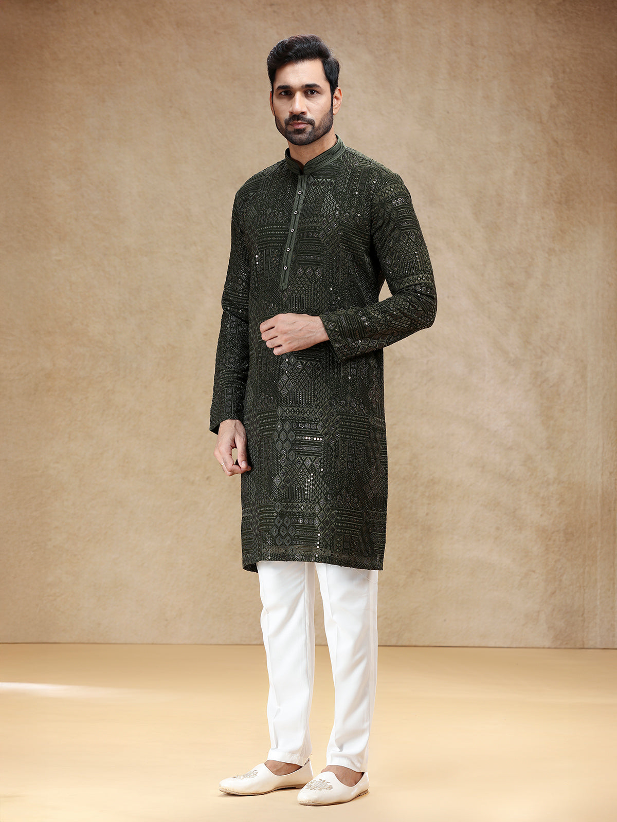 Mehendi green georgette kurta pajama with resham work