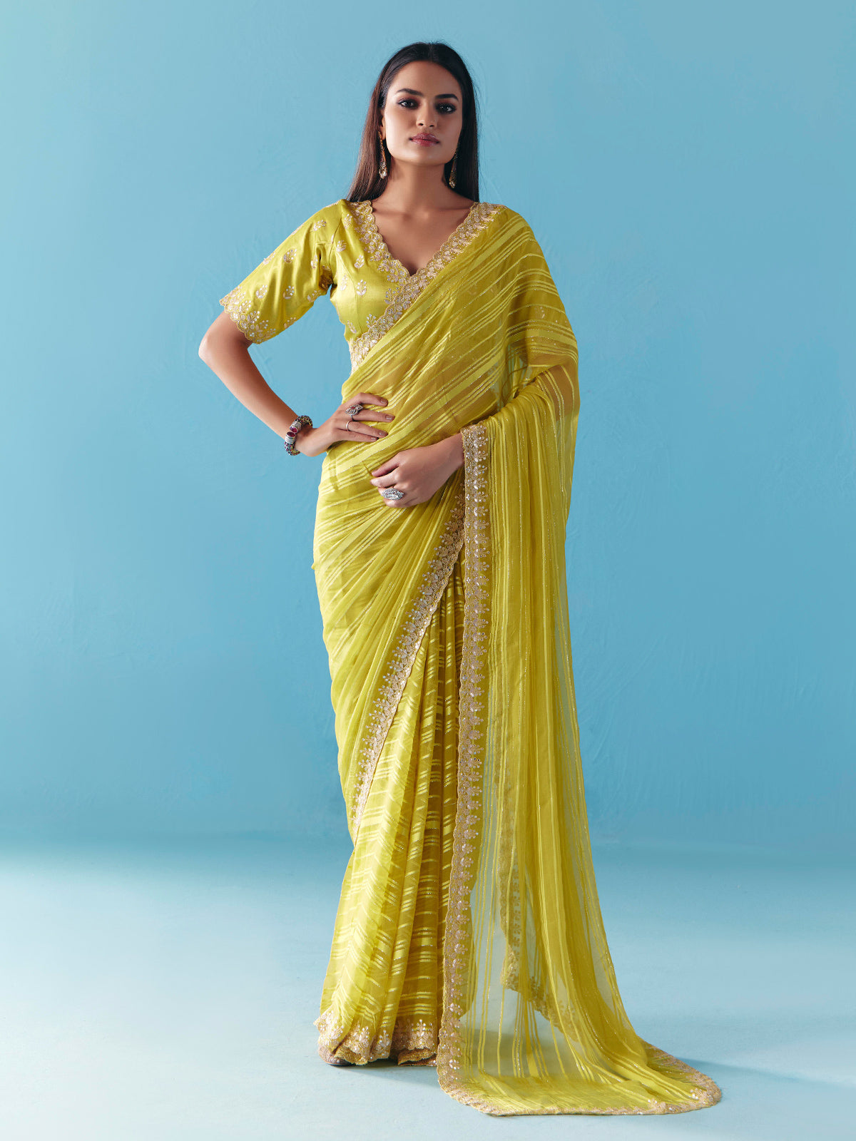 Mehendi green organza satin silk saree for wedding