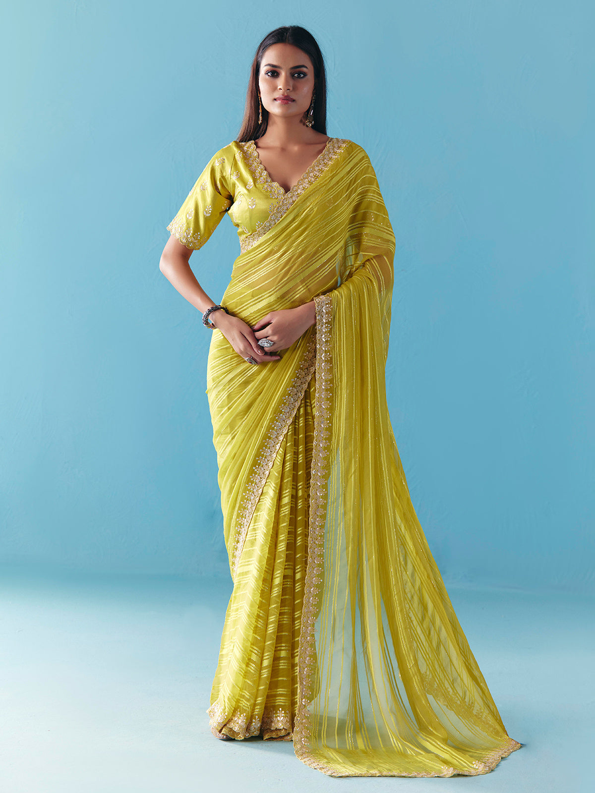 Mehendi green organza satin silk saree for wedding