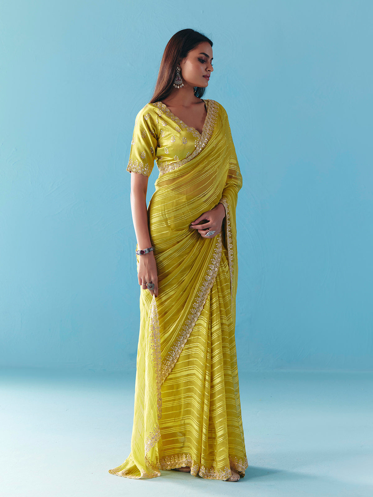 Mehendi green organza satin silk saree for wedding