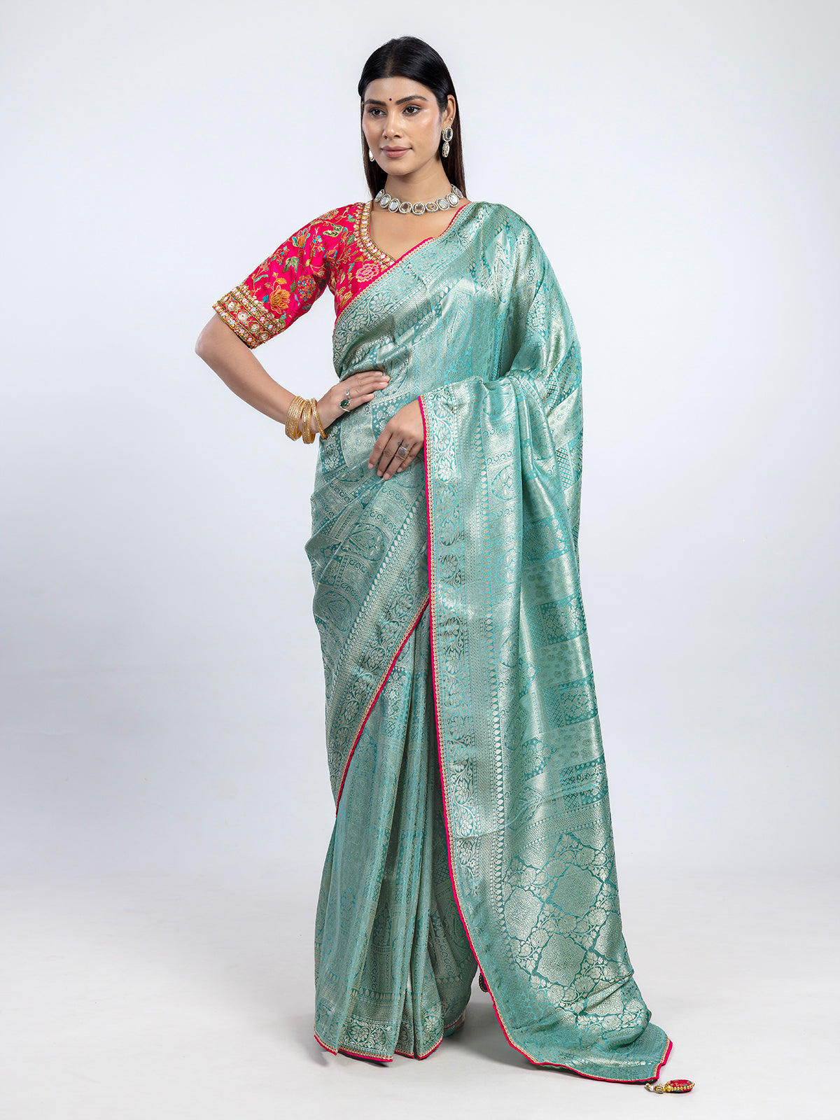Mint blue dola silk festive wear saree with readymade blouse