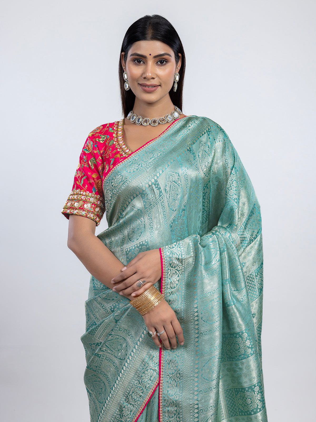 Mint blue dola silk festive wear saree with readymade blouse