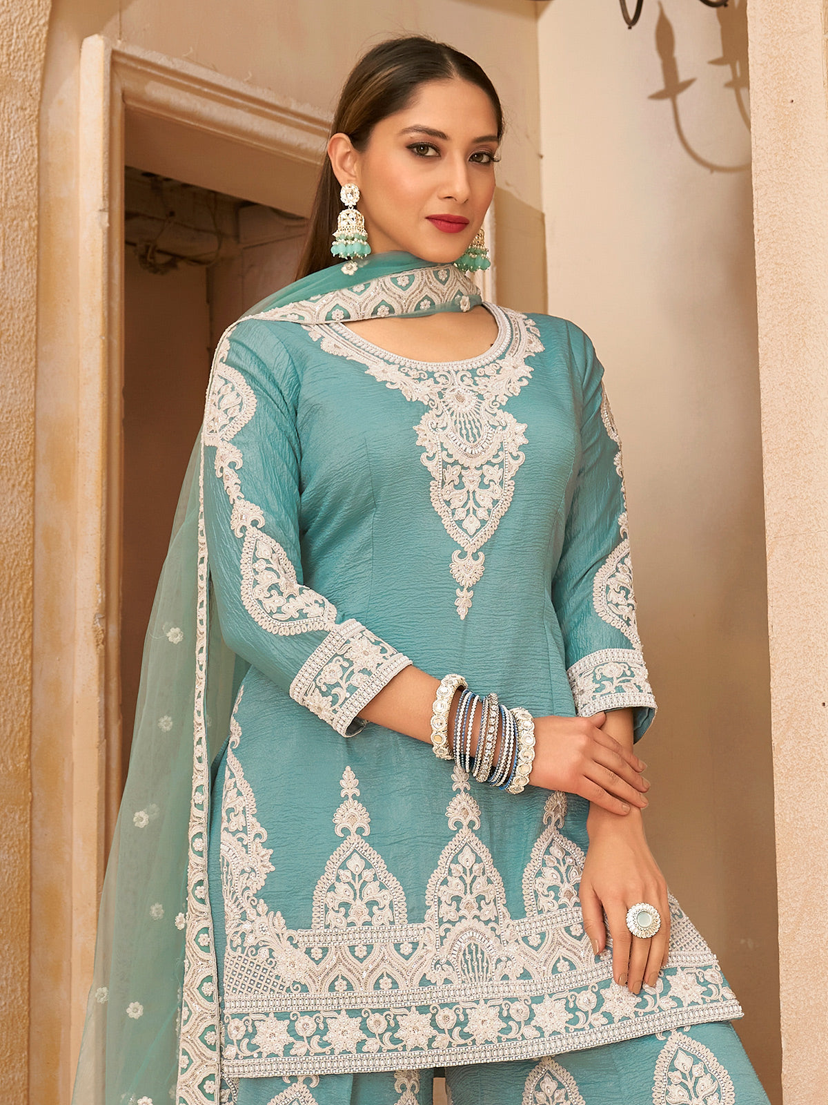 Mint blue palazzo festival wear suit