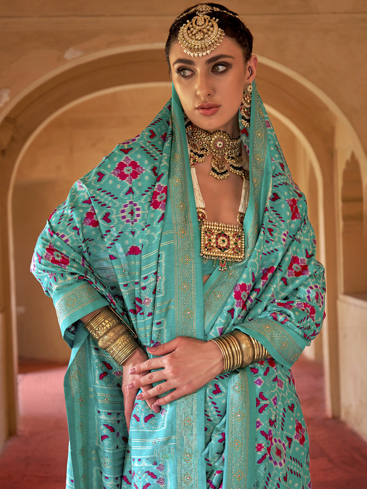 Mint blue printed patola silk
