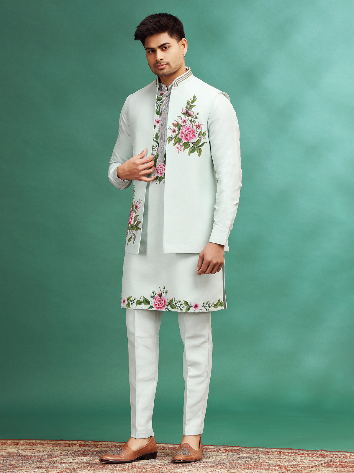 Mint blue printed wedding wear waistcoat set