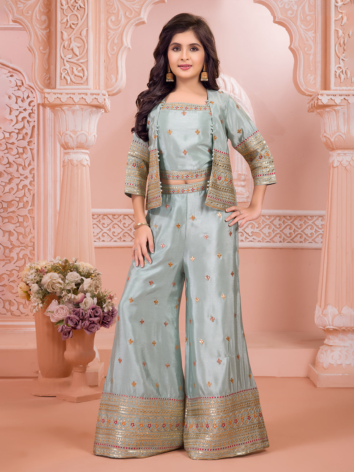 Mint green silk resham work jacket palazzo suit