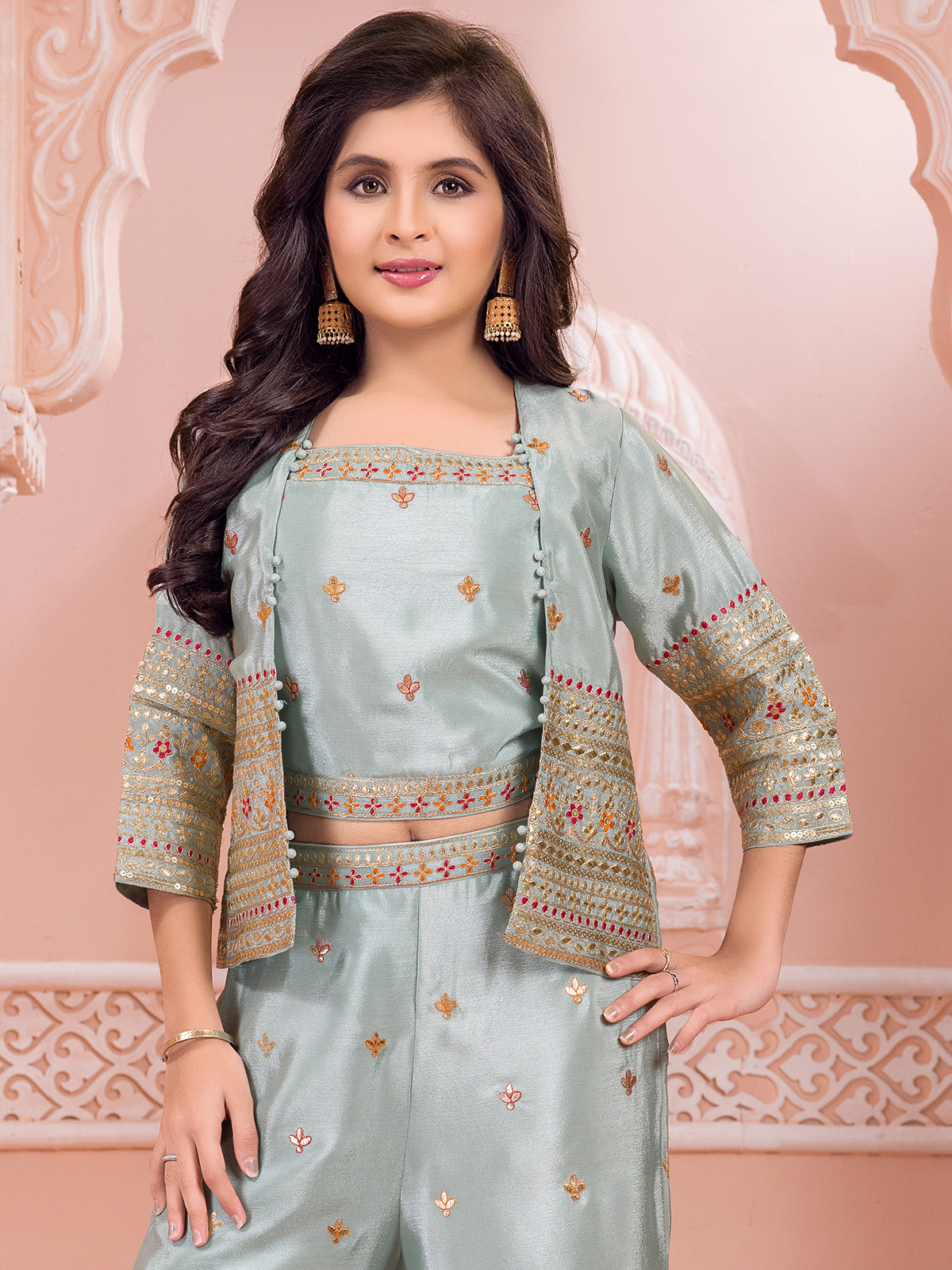 Mint green silk resham work jacket palazzo suit