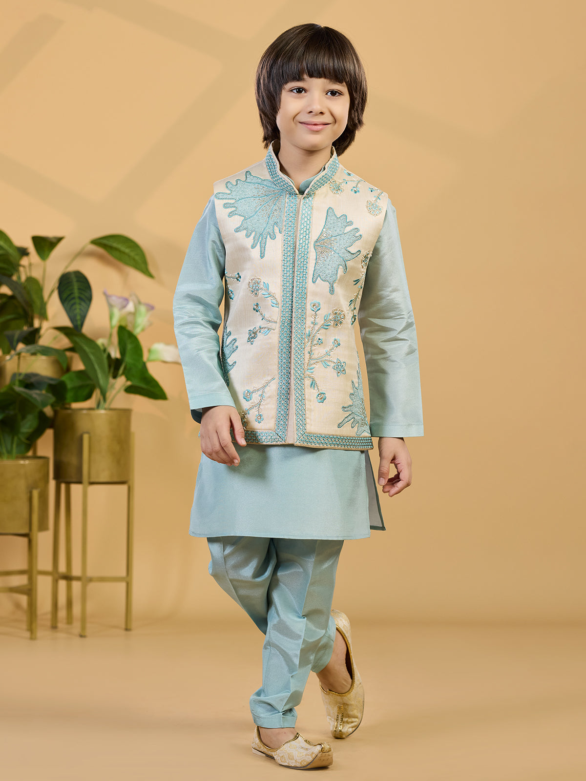Mint blue silk waistcoat set with rich embellishment