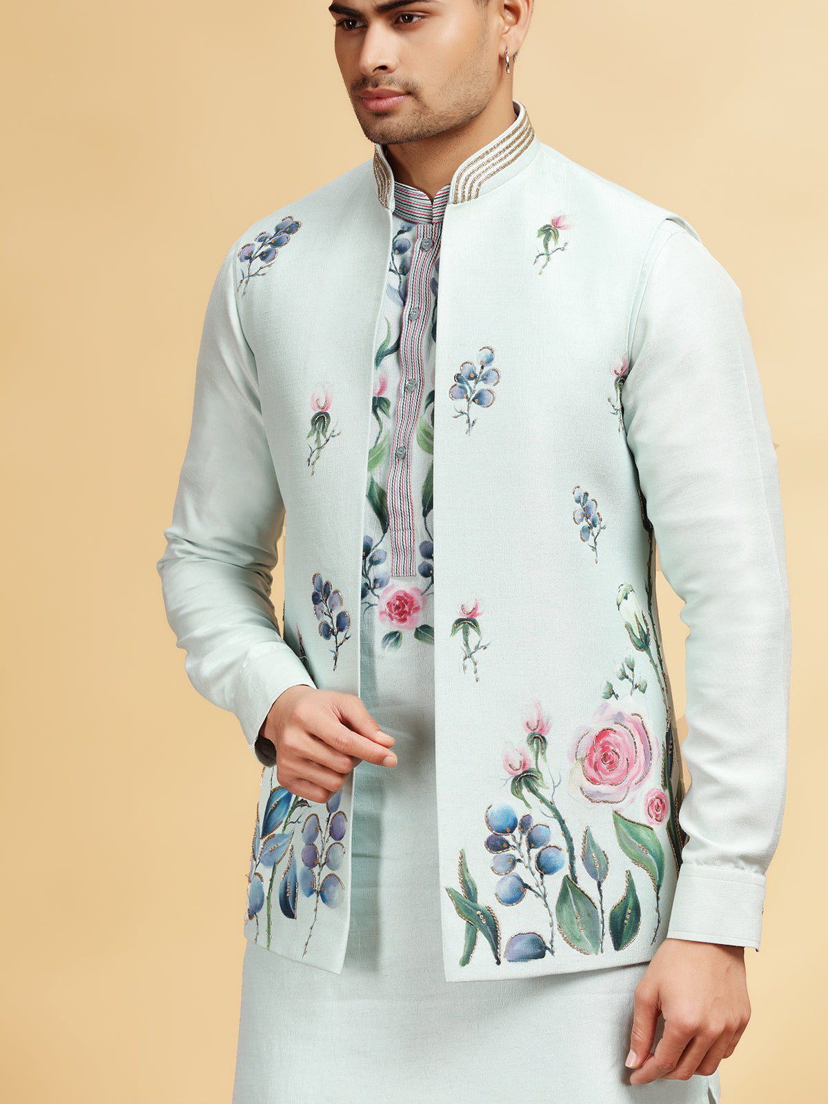 Mint blue wedding wear waistcoat set with hand print