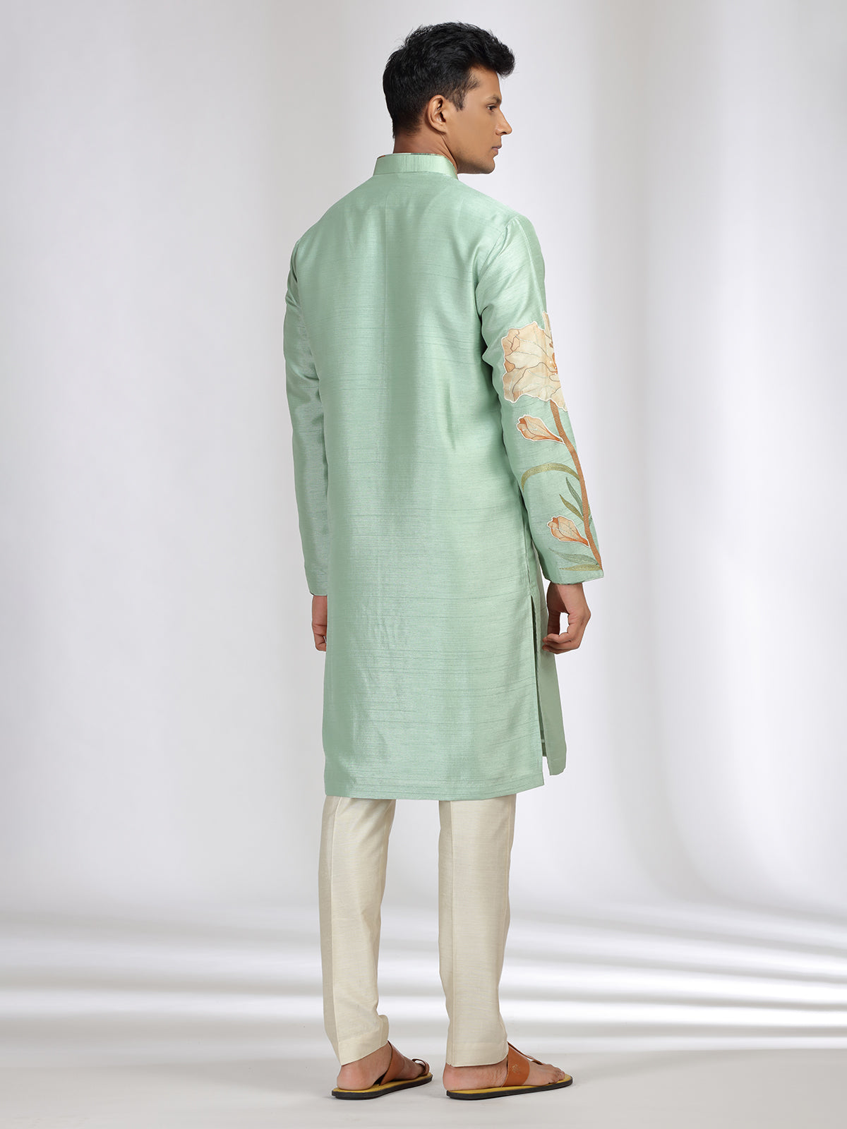 Mint green printed kurta suit with in tusser silk