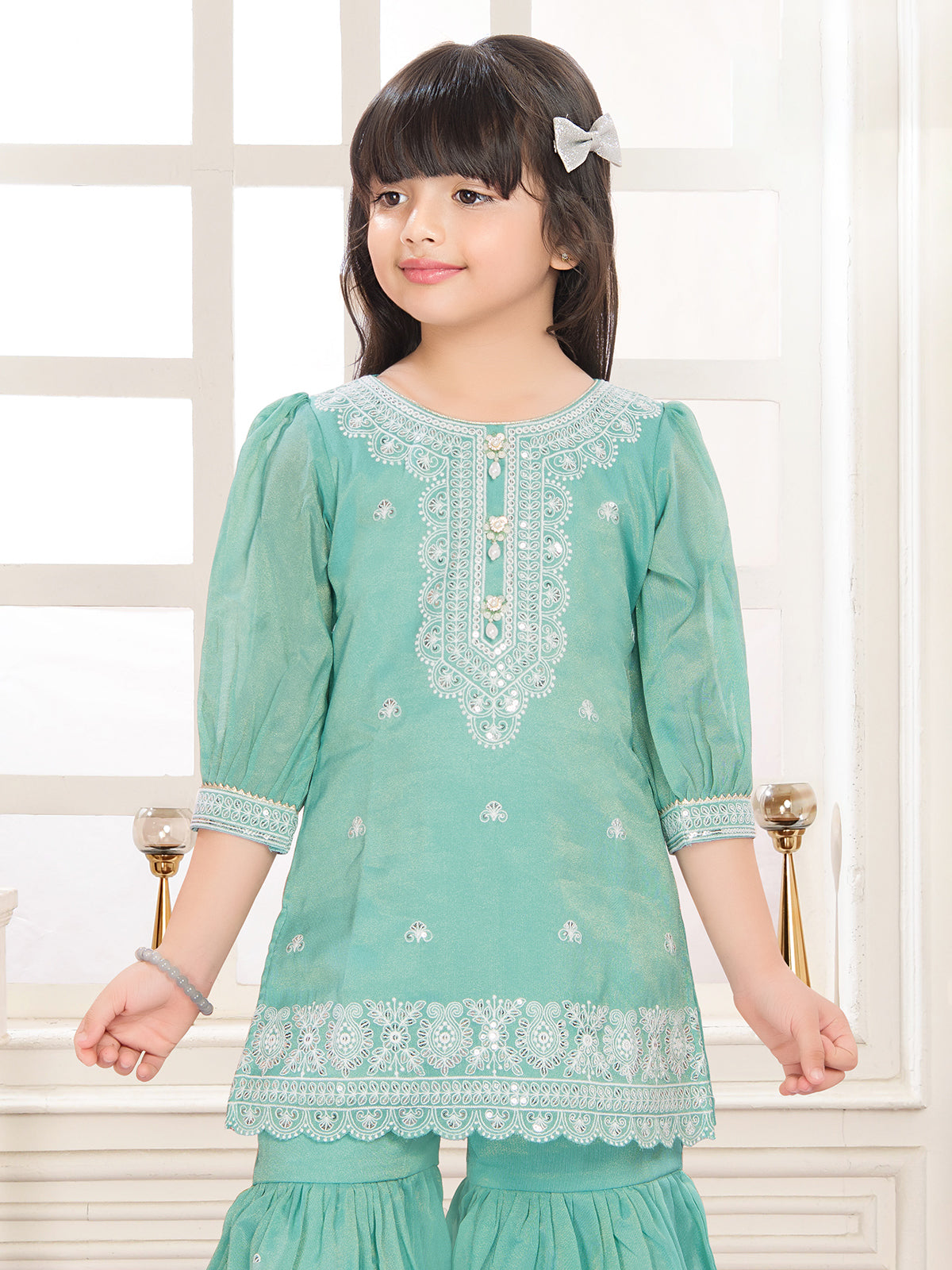 Mint green tissue silk sharara suit with pearl work