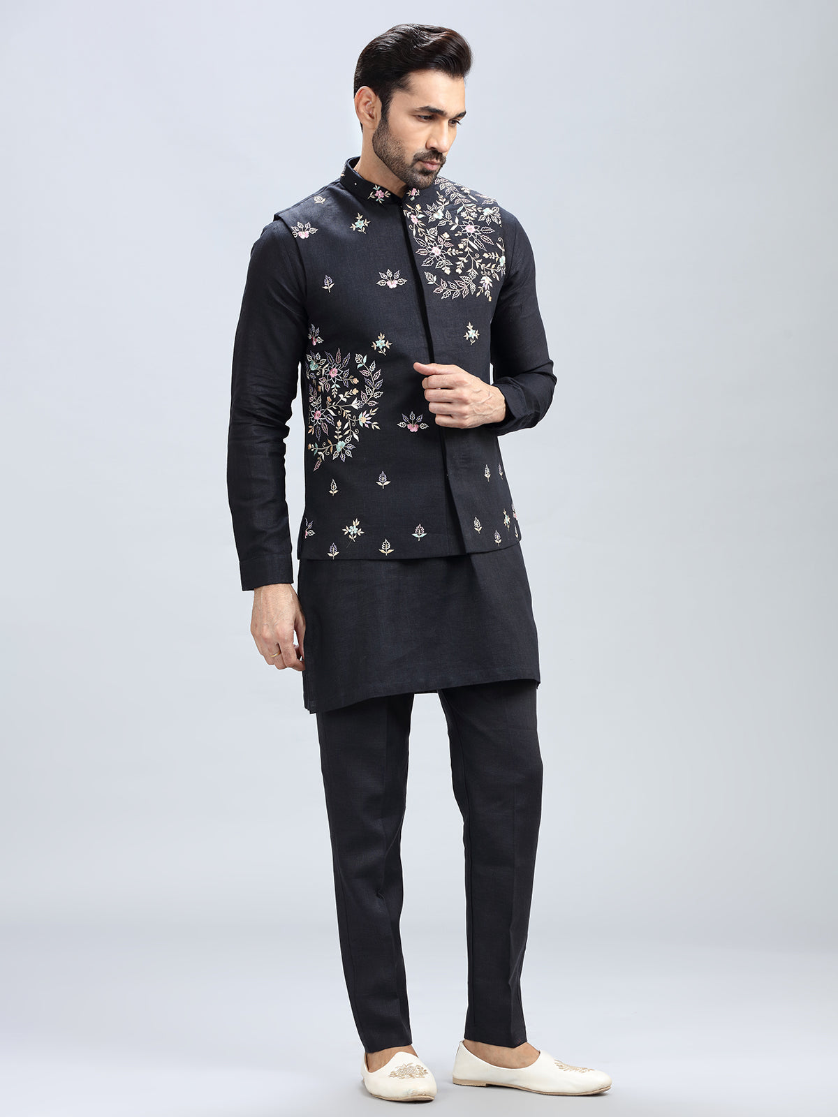Modern black printed cotton waistcoat set for men