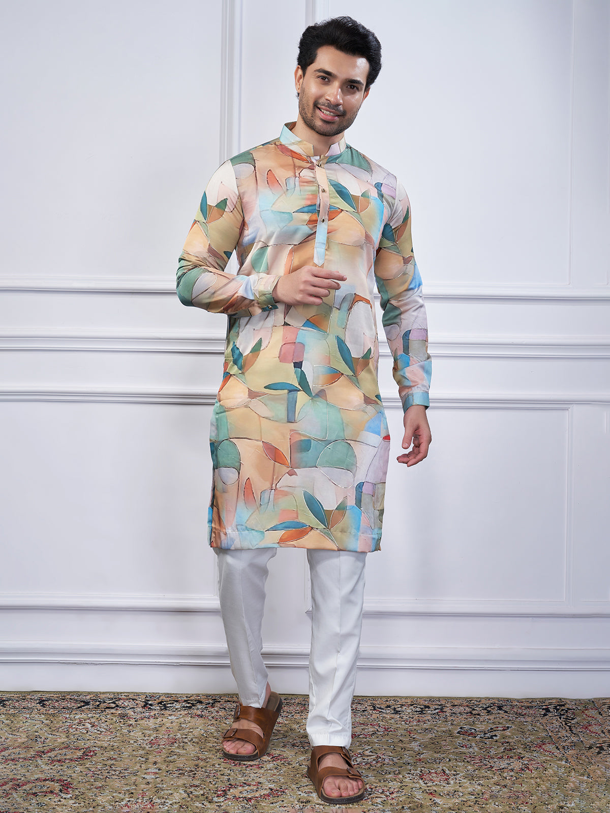 Multi color printed cotton kurta suit for traditional look