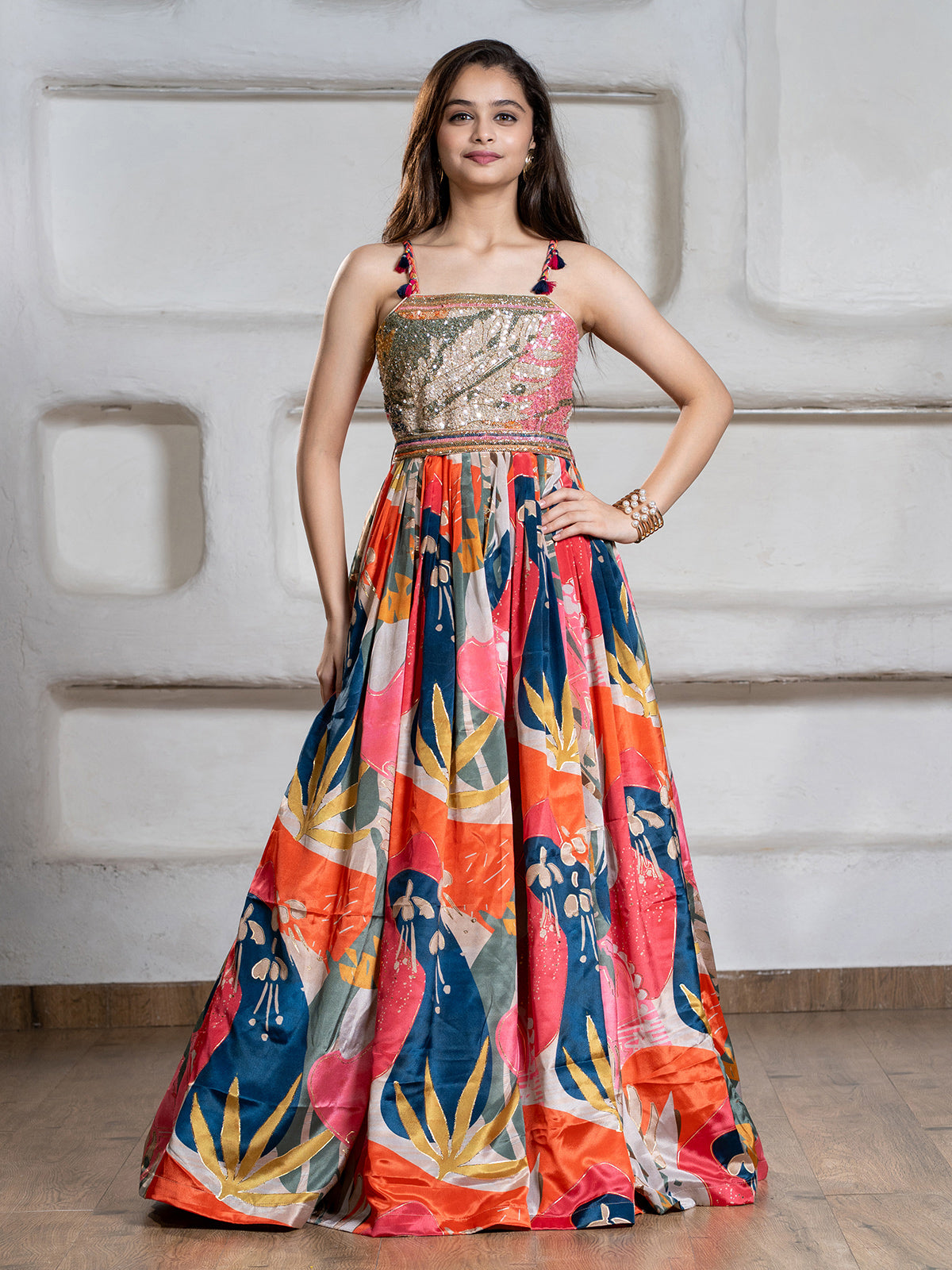 Multi color printed floor length gown