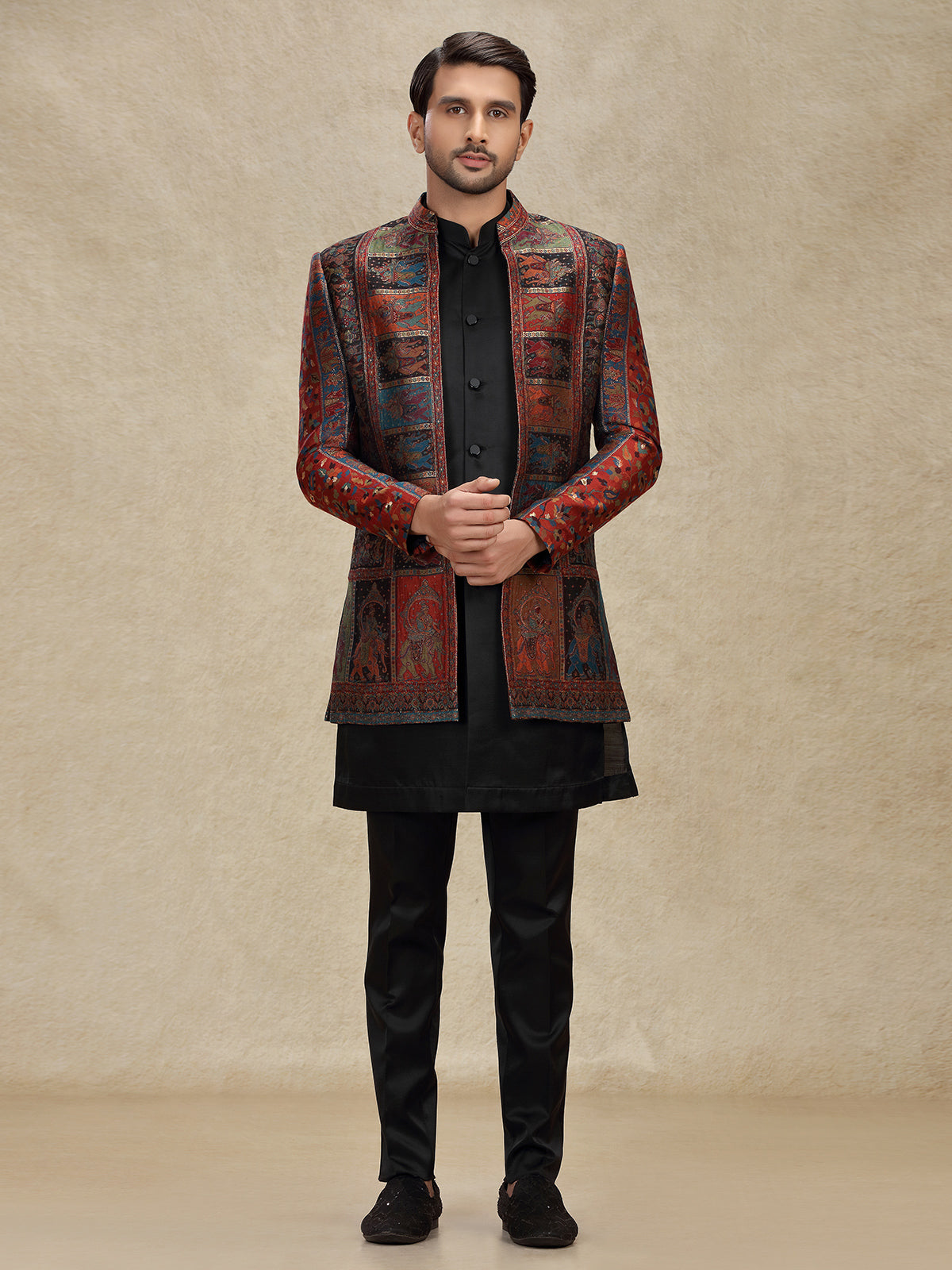 Multi color printed indo western with jackets for mens