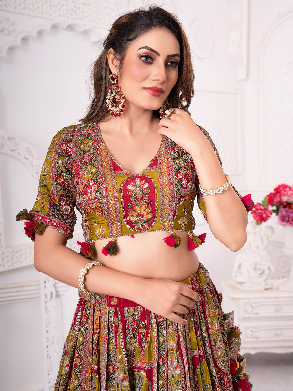 Multi colour silk lehenga choli for celebrations