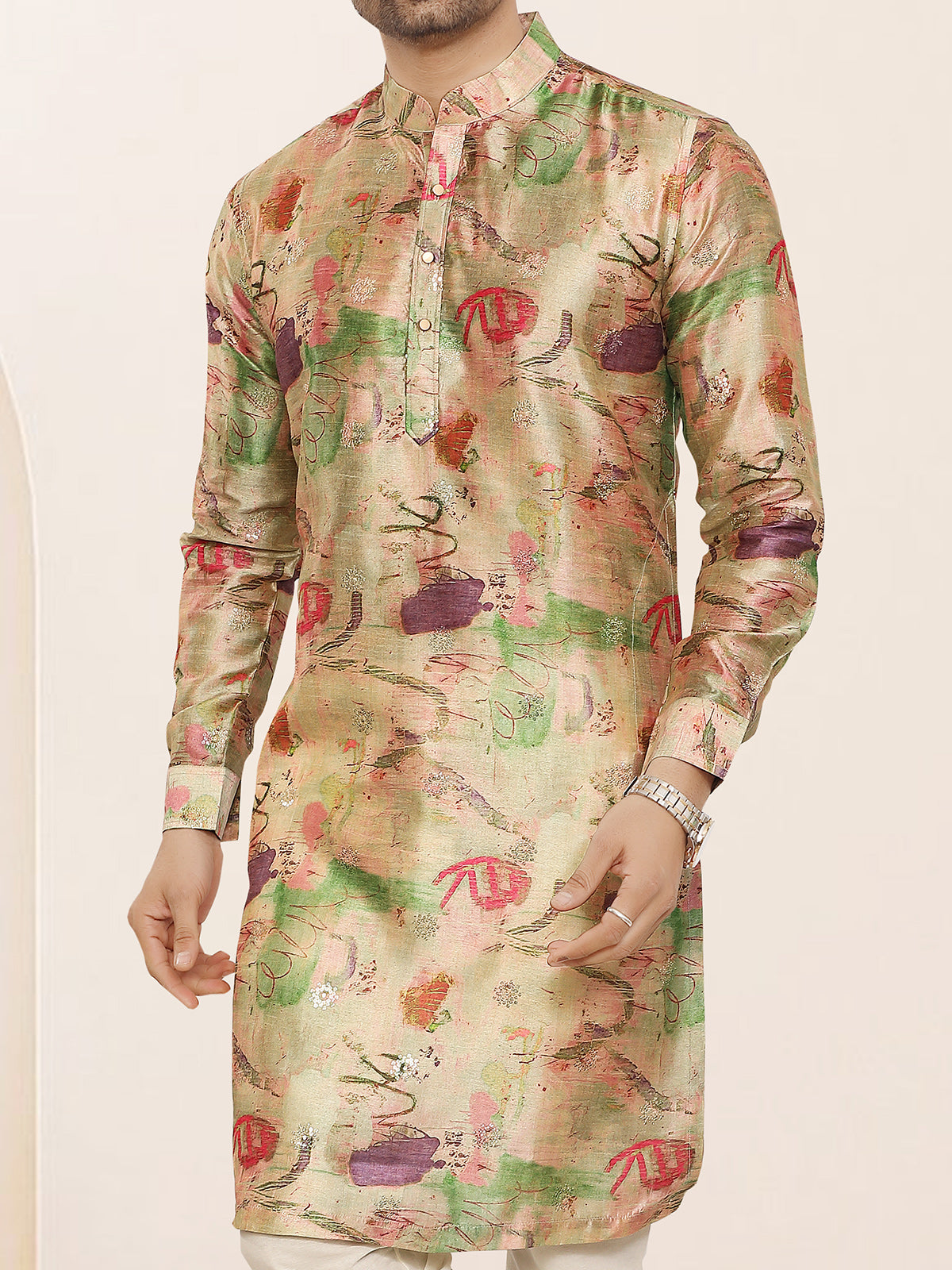 Multicolor silk printed kurta with sequin accents