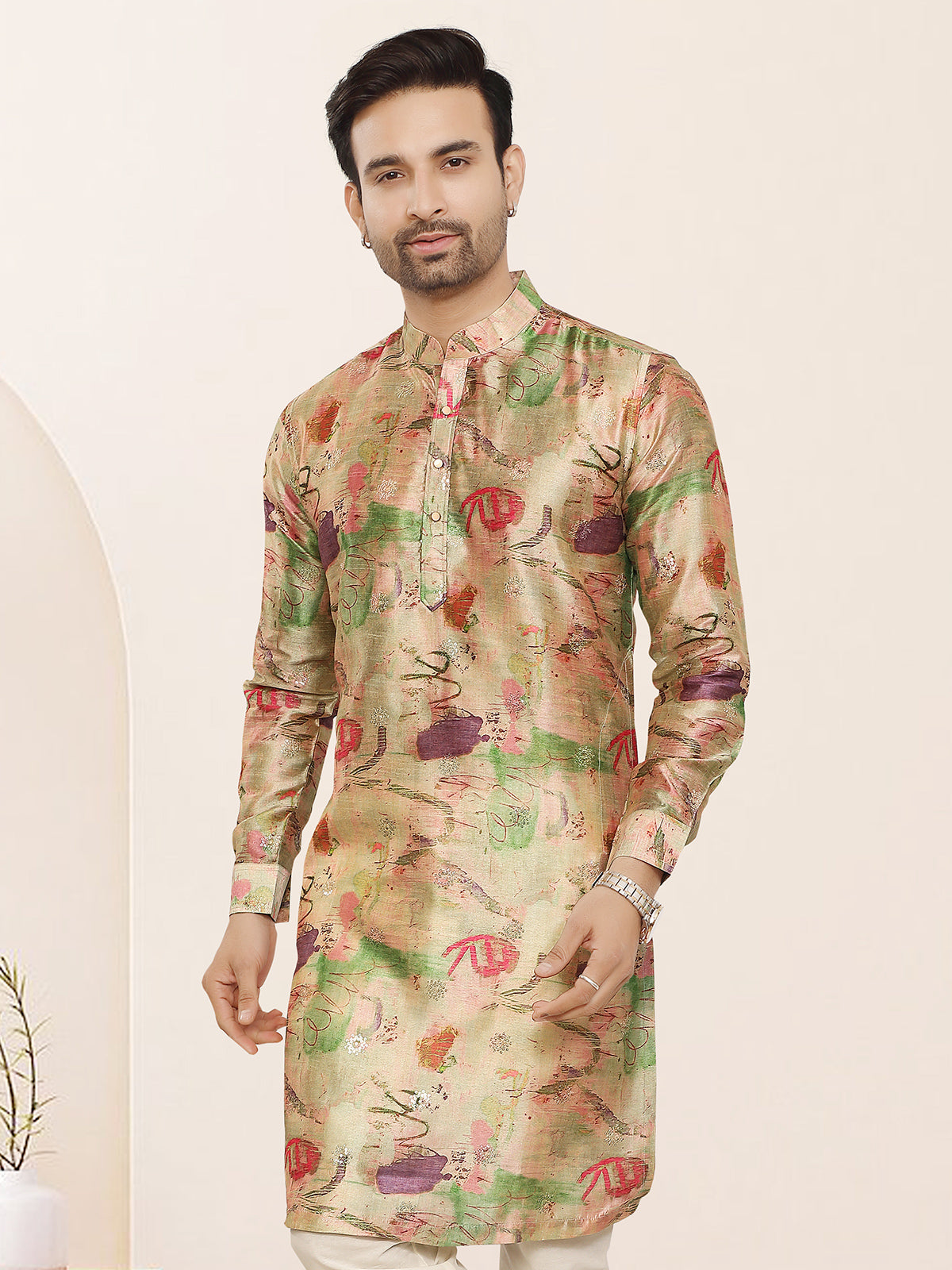 Multicolor silk printed kurta with sequin accents