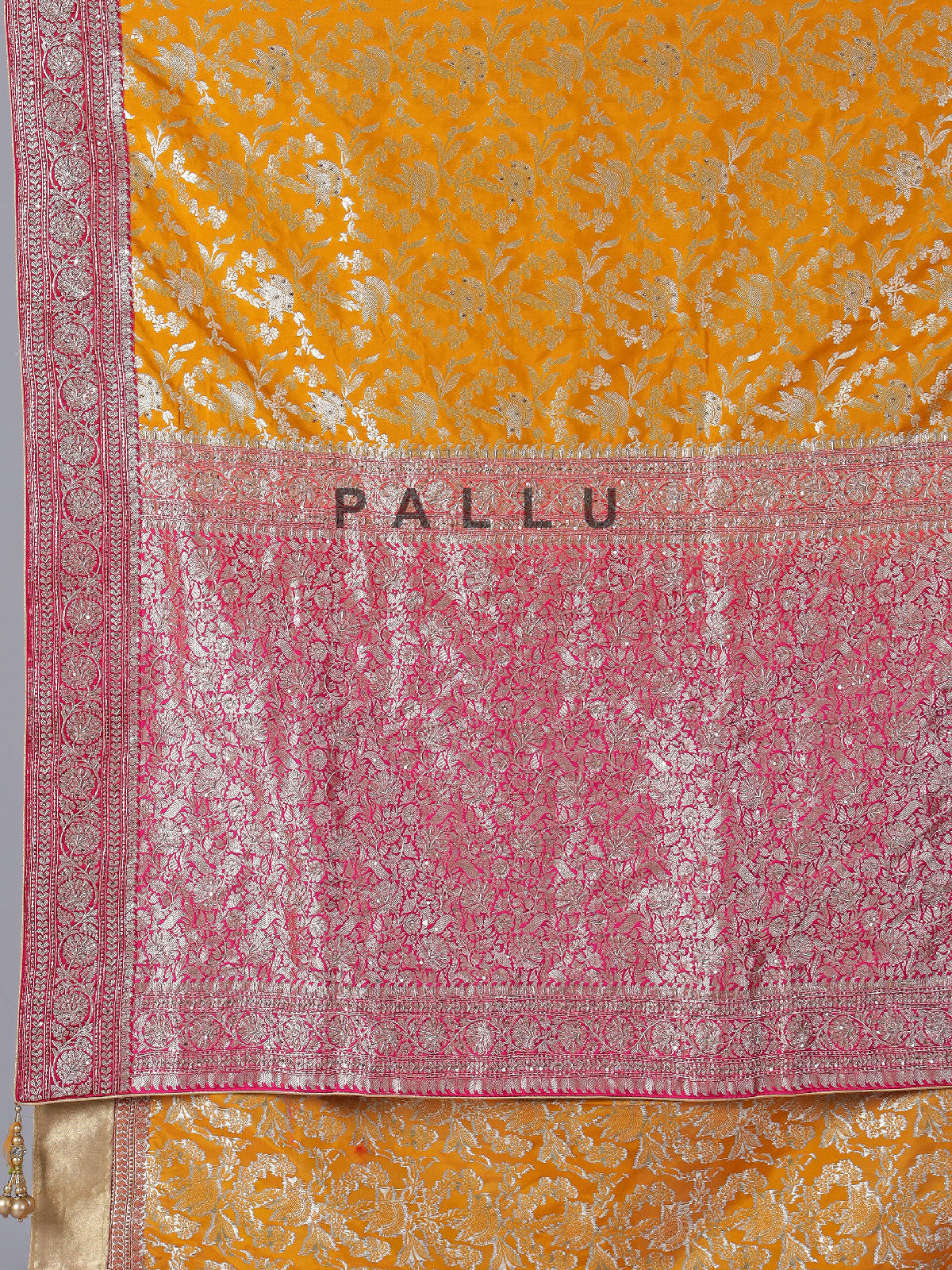 Mustard yellow banarasi silk saree for haldi elegance