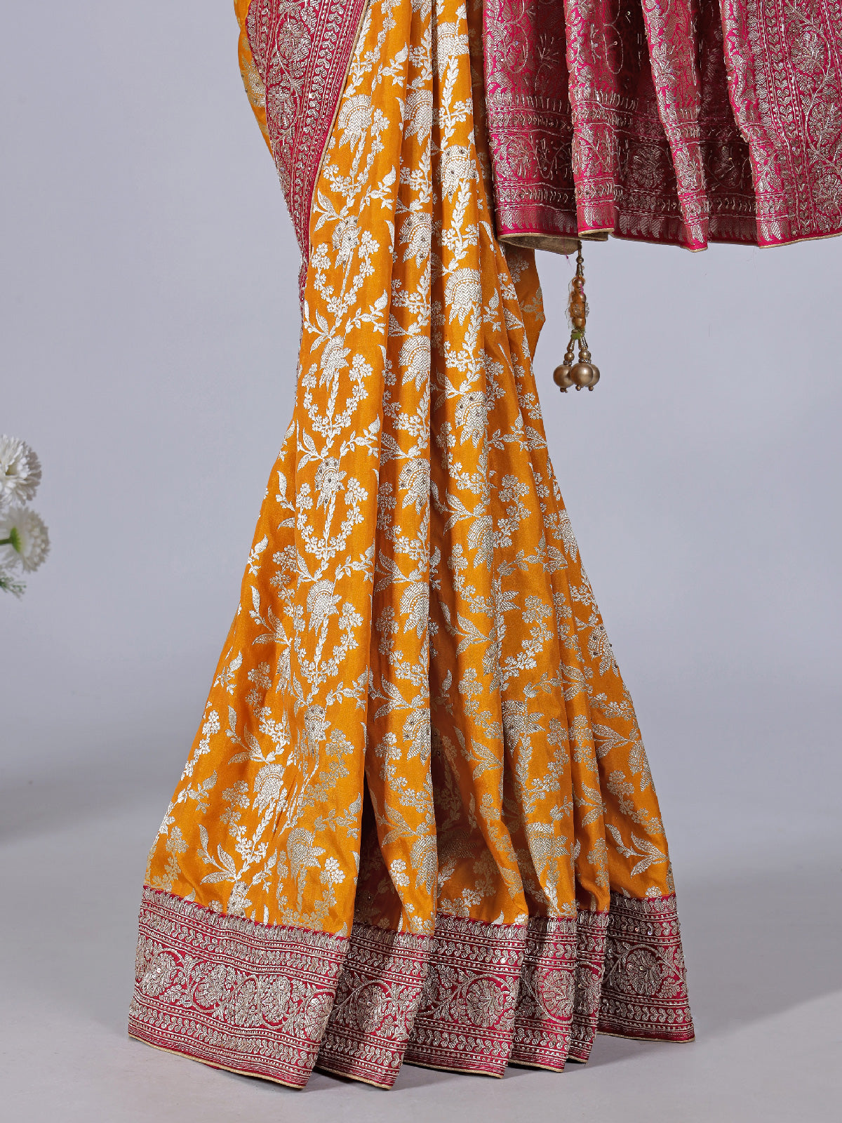 Mustard yellow banarasi silk saree for haldi elegance