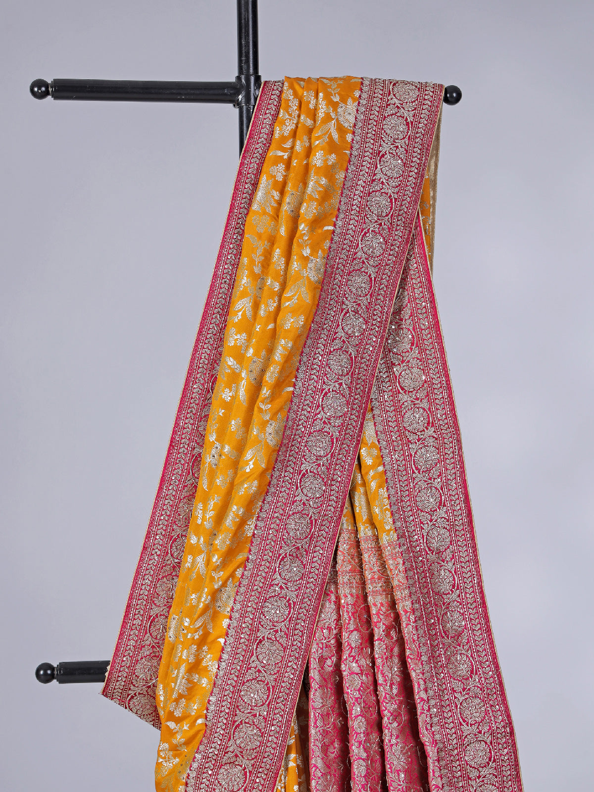 Mustard yellow banarasi silk saree for haldi elegance