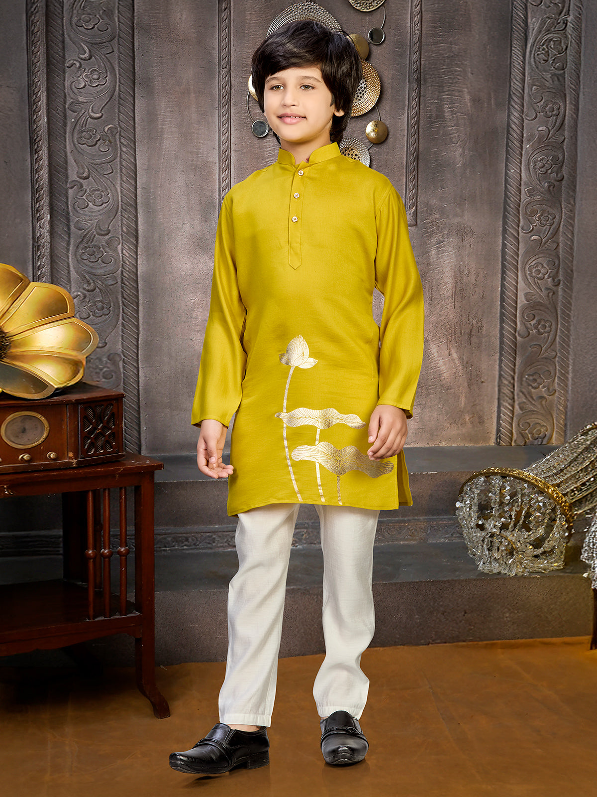 Mustard yellow cotton kurta suit for haldi