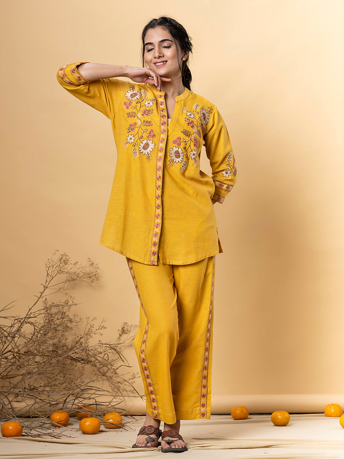 Mustard yellow cotton silk embroidered co ord set