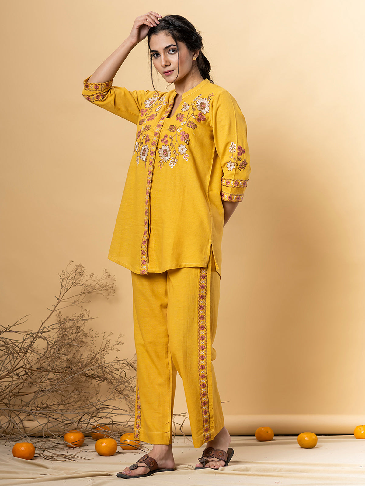 Mustard yellow cotton silk embroidered co ord set