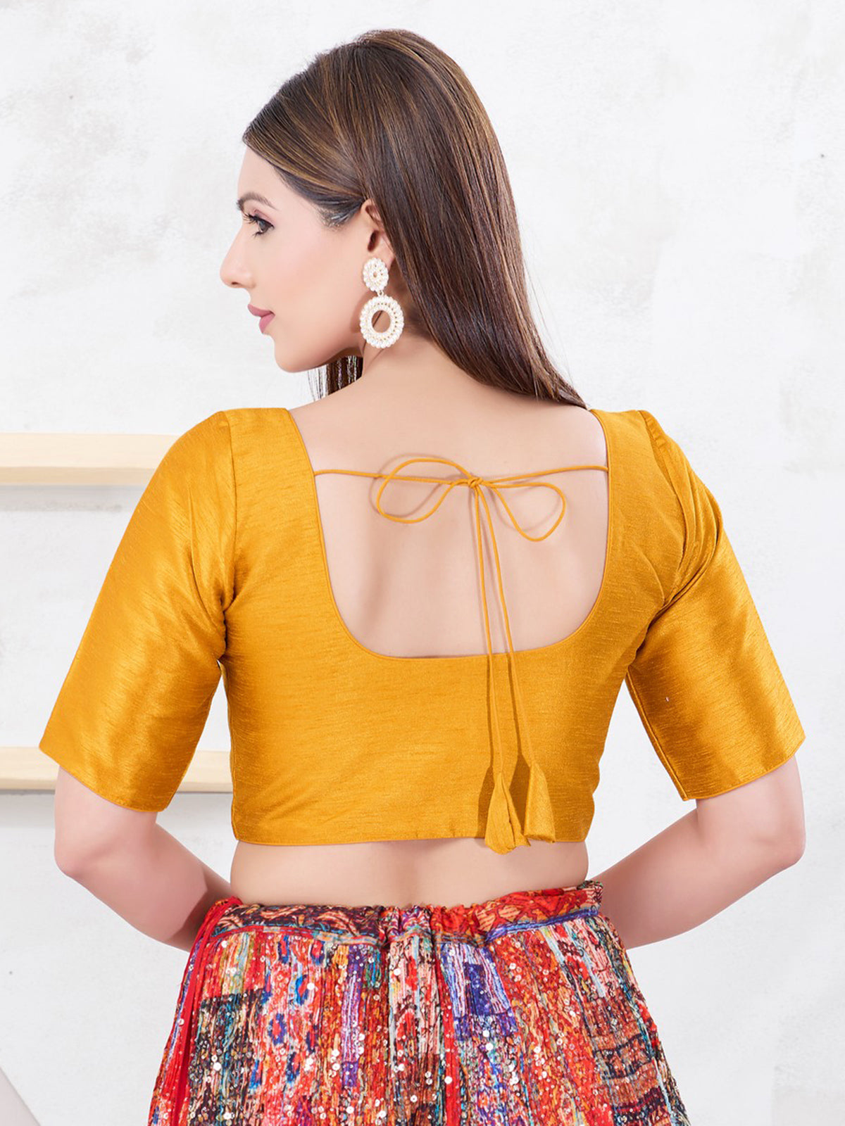 Mustard yellow dupion silk elbow sleeve blouse