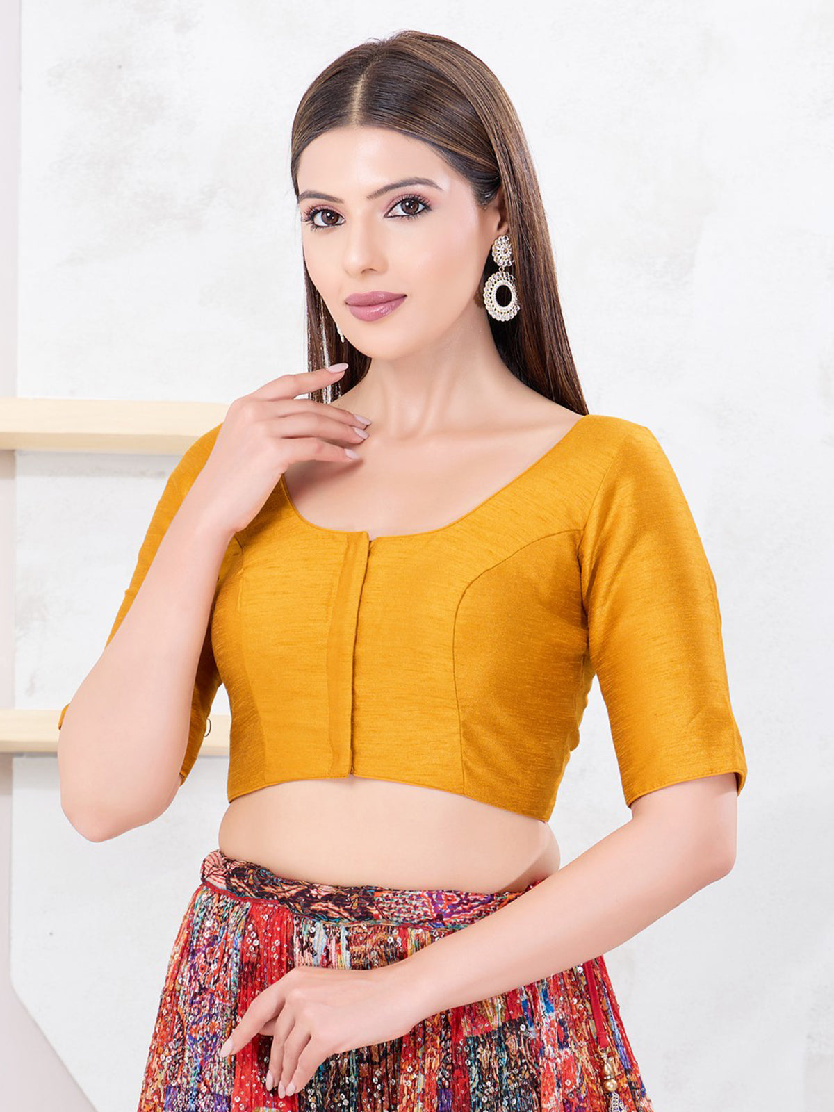 Mustard yellow dupion silk elbow sleeve blouse