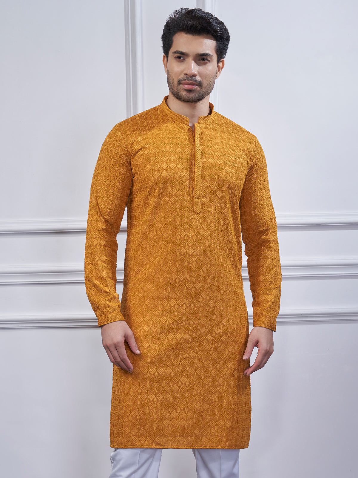 Mustard yellow embroidery cotton kurta suit for men