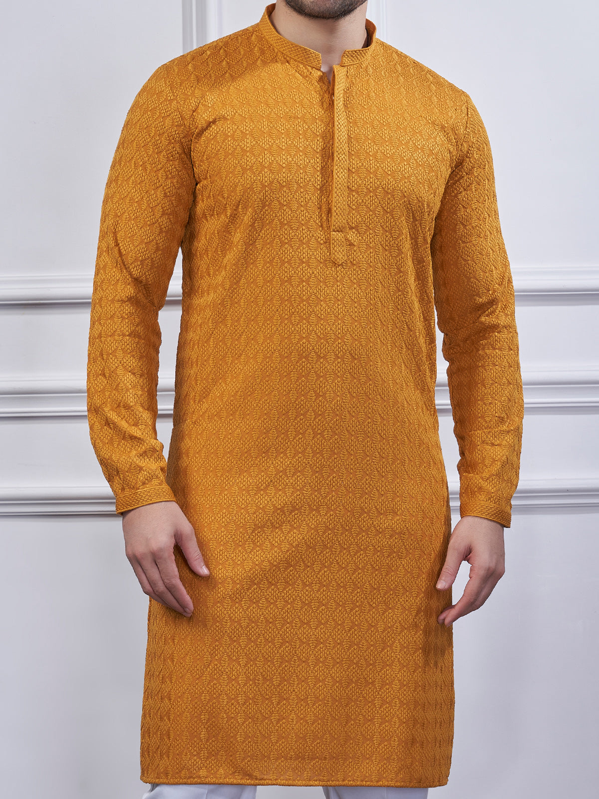 Mustard yellow embroidery cotton kurta suit for men