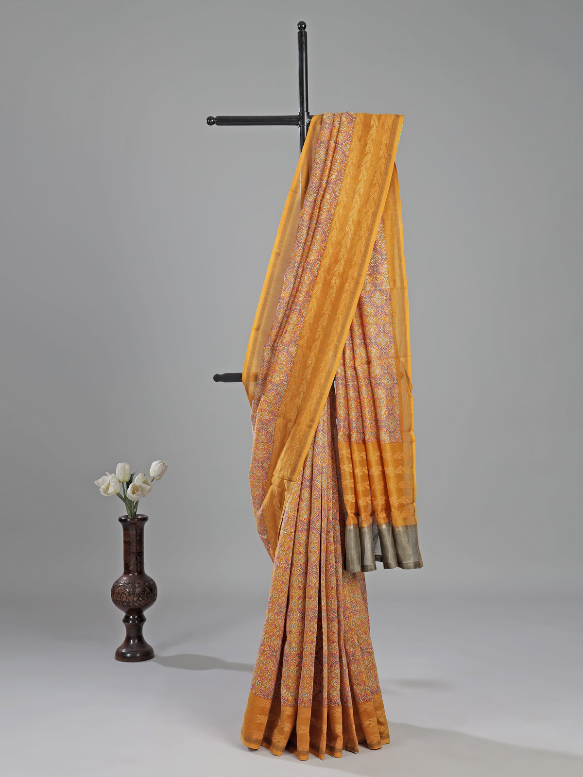 Mustard yellow printed cotton silk saree