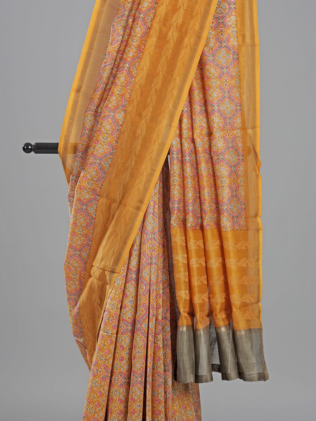 Mustard yellow printed cotton silk saree