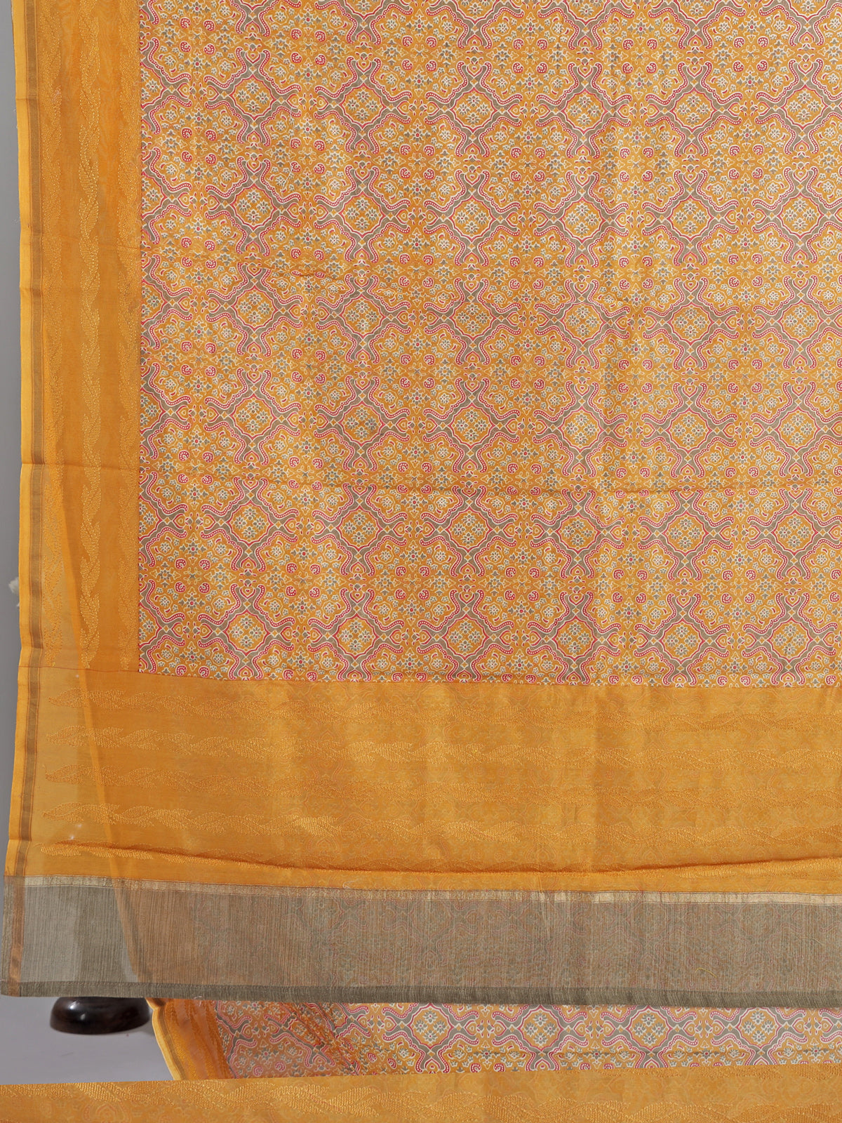 Mustard yellow printed cotton silk saree