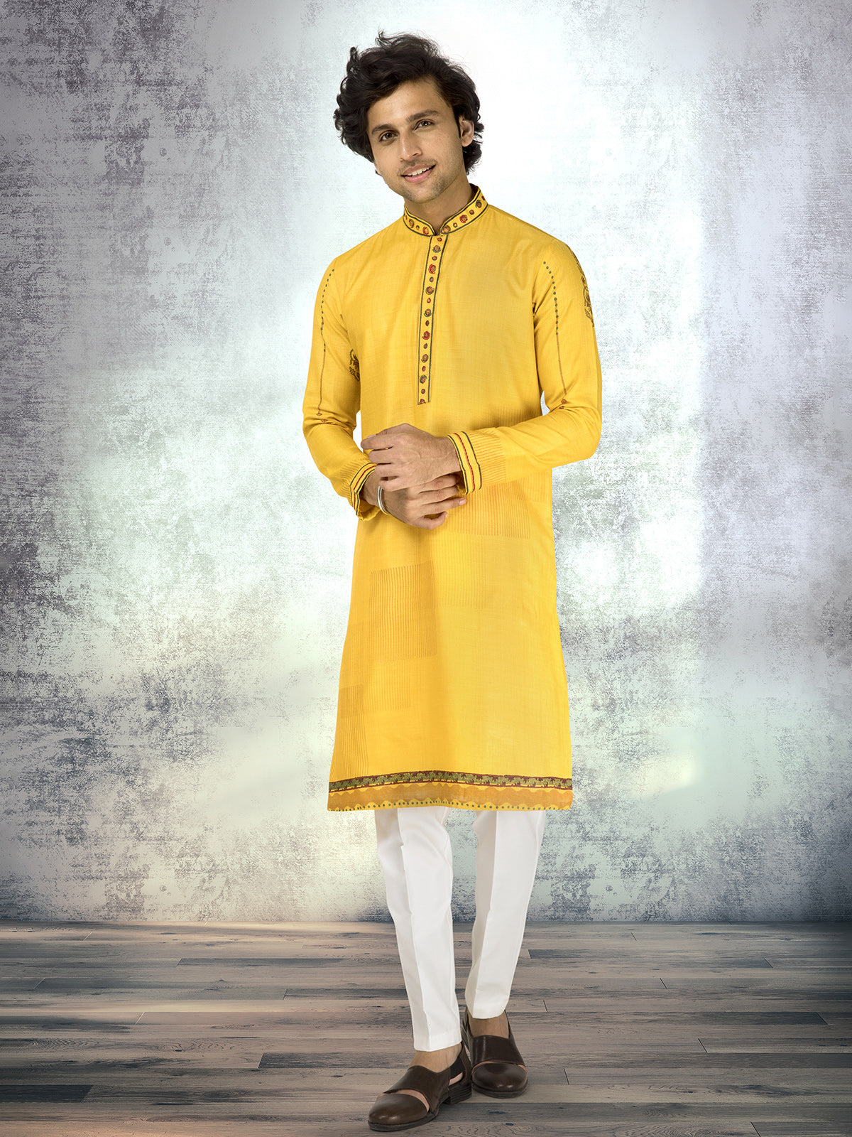 Mustard yellow pure munga silk block printed waistcoat set