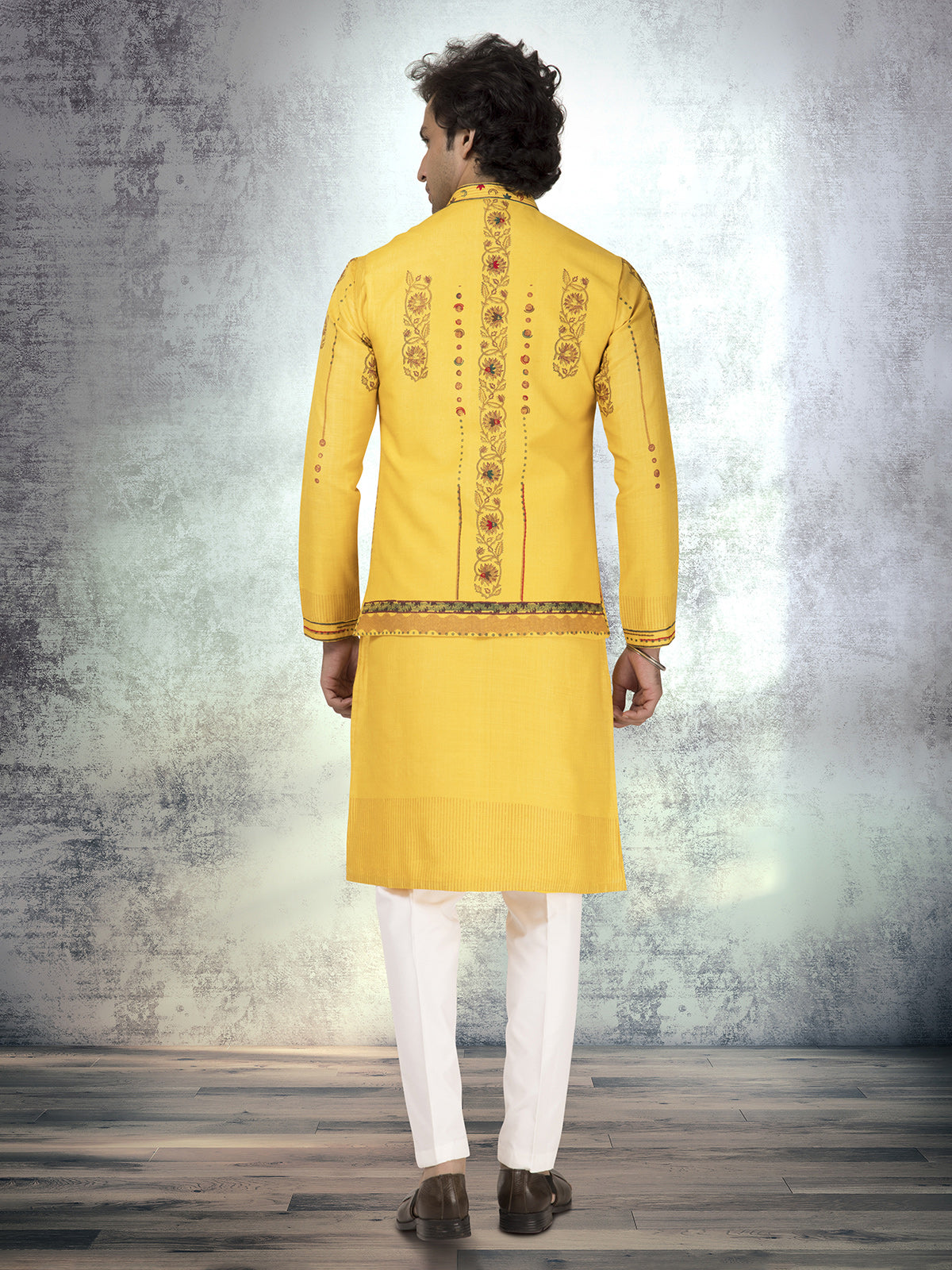 Mustard yellow pure munga silk block printed waistcoat set