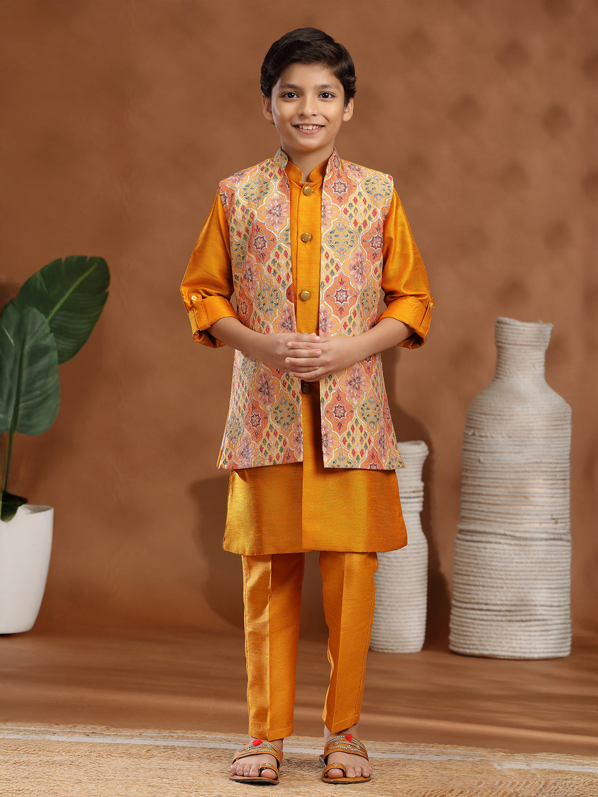 Mustard yellow raw silk resham waistcoat set for haldi