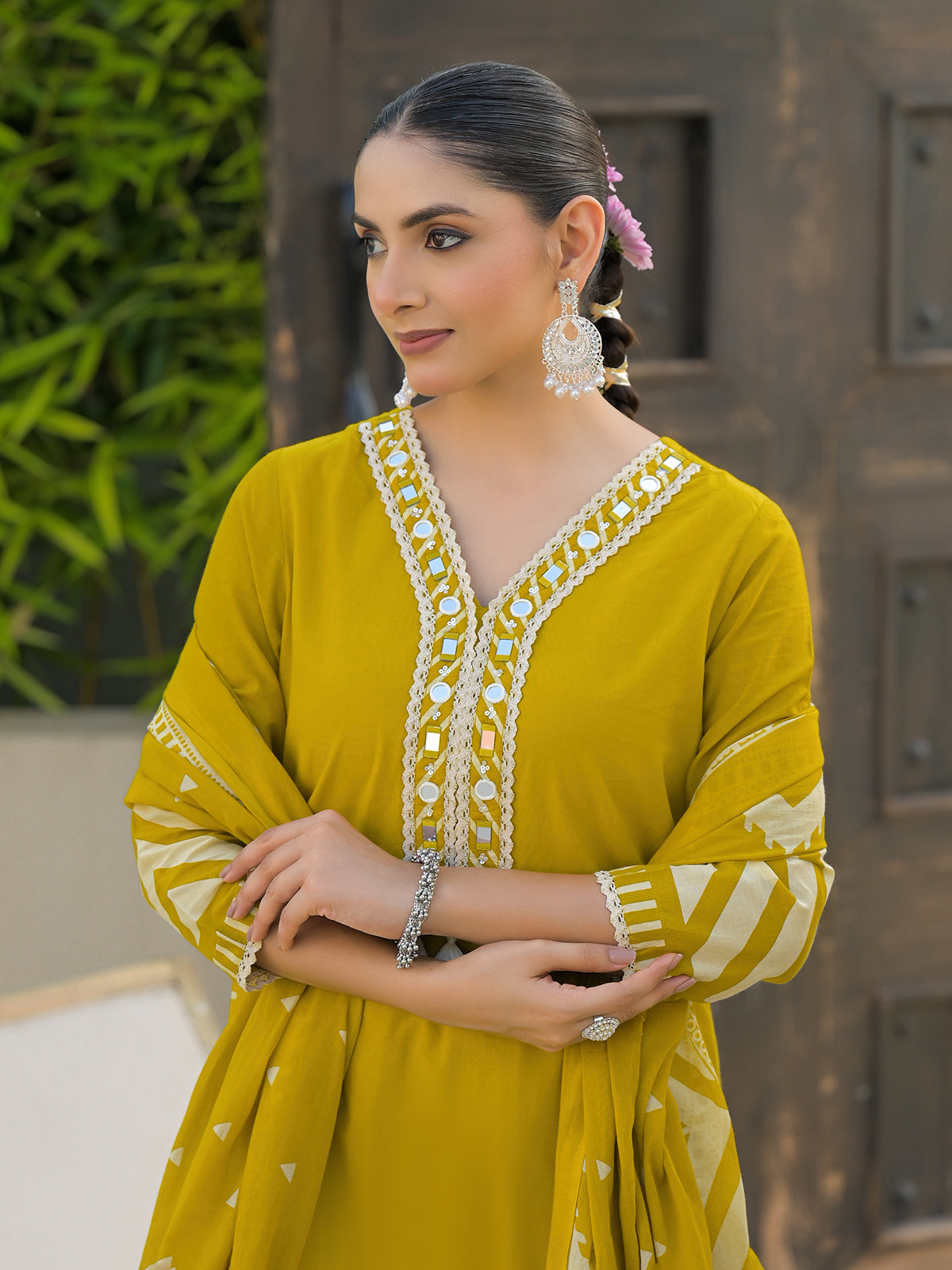 Mustard yellow silk festive kurti set
