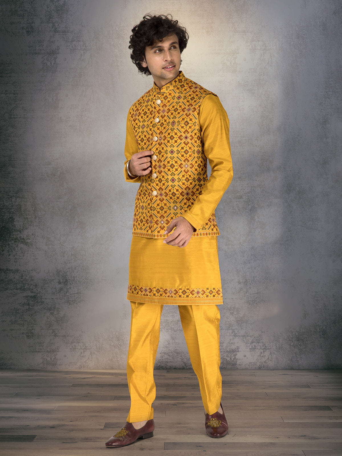 Mustard yellow silk waistcoat set with thread and aabla work