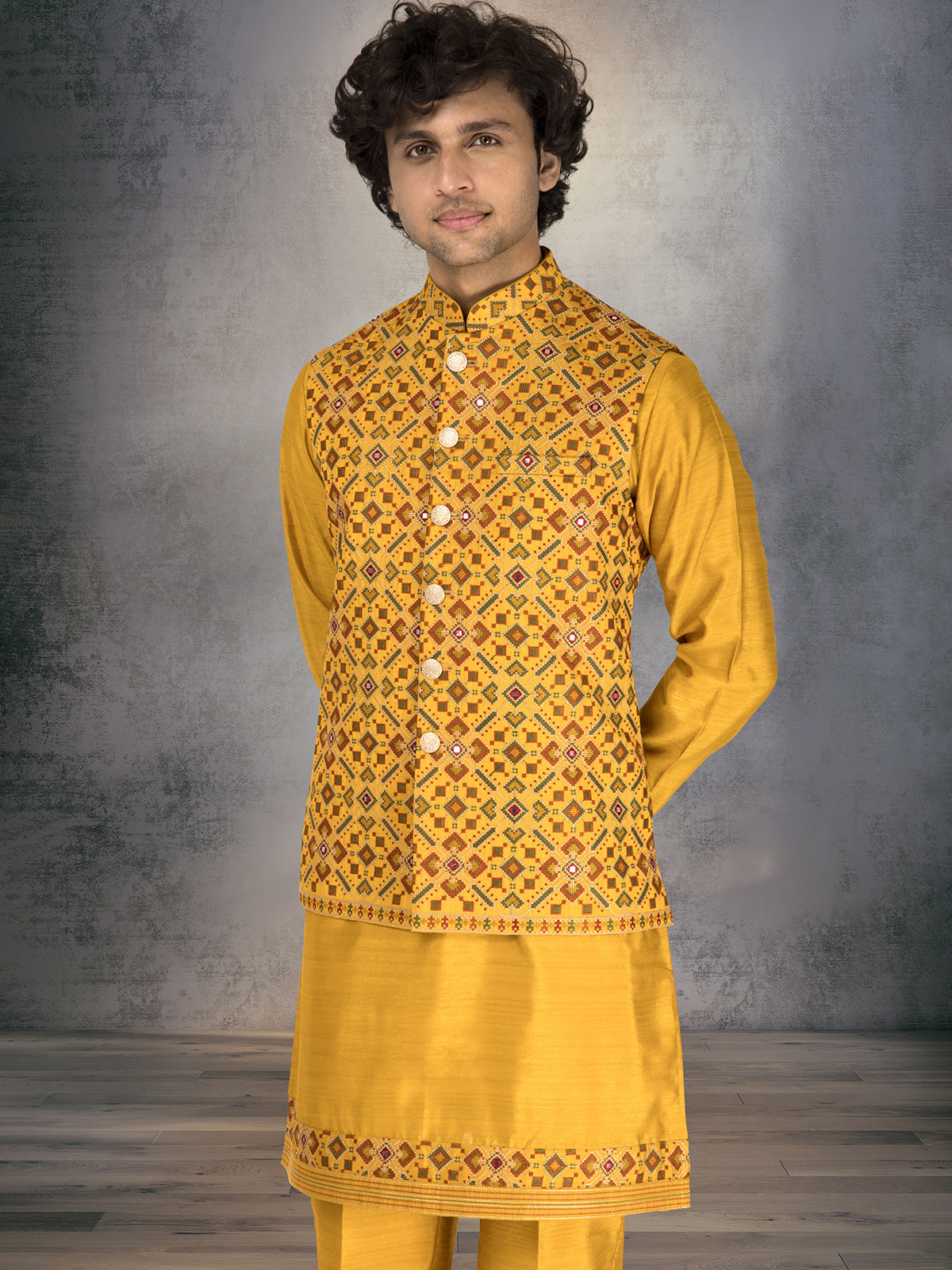 Mustard yellow silk waistcoat set with thread and aabla work