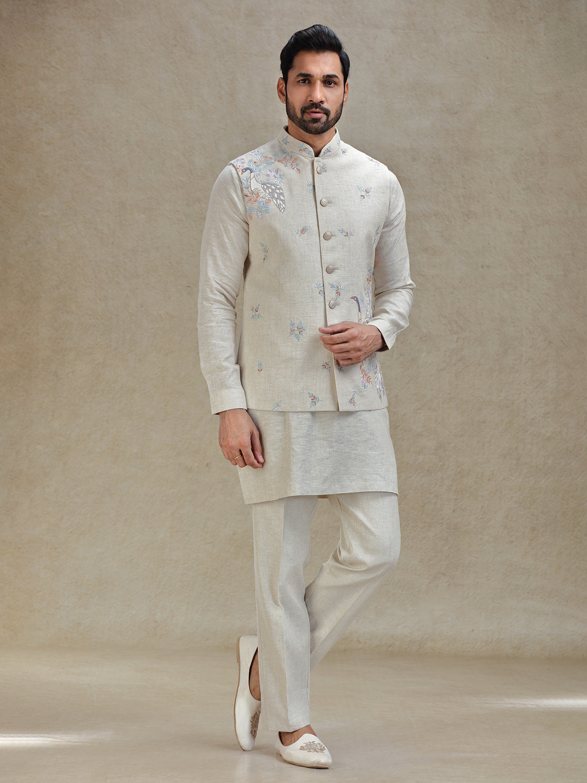 Natural beige linen kurta jacket set in embroidery