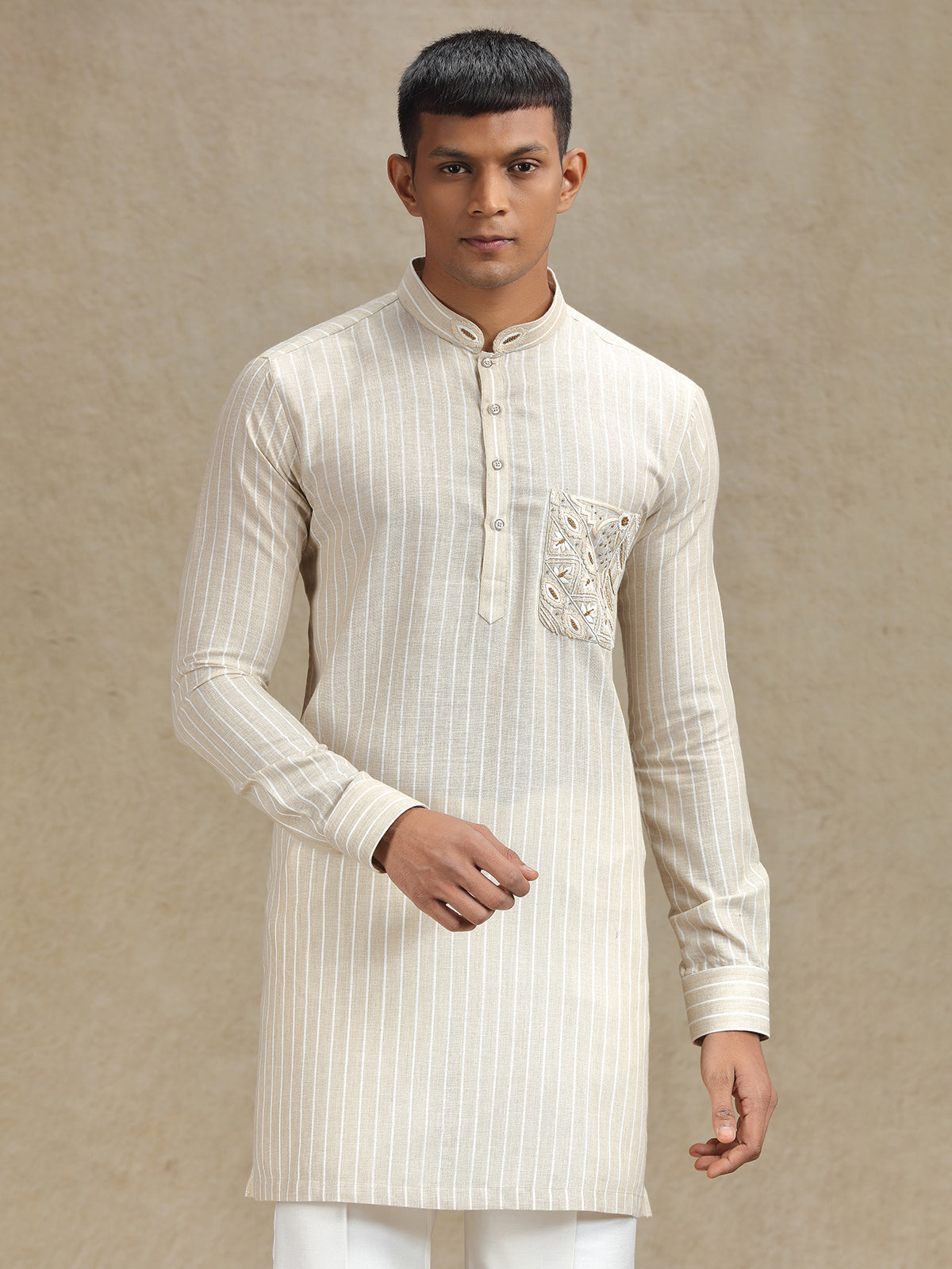 Natural beige serene kurta set in embroidery