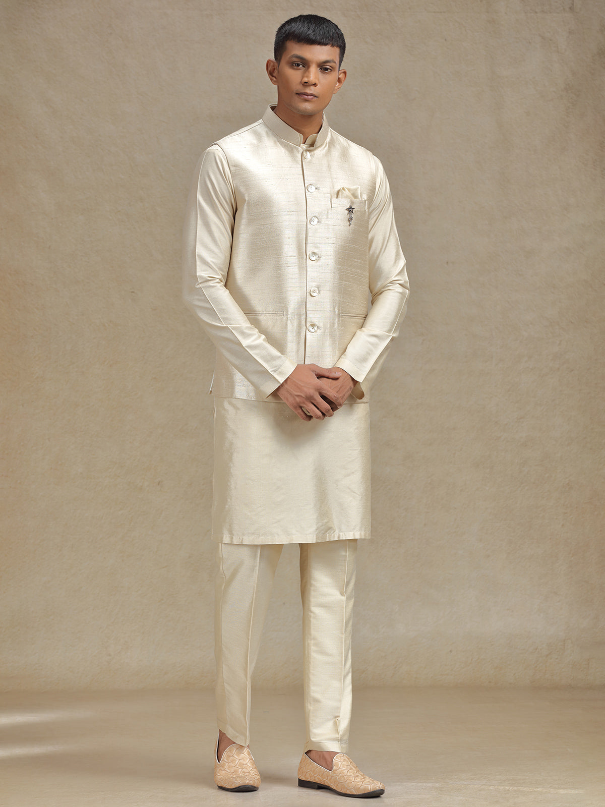 Natural beige waistcoat set with stylish embroidery