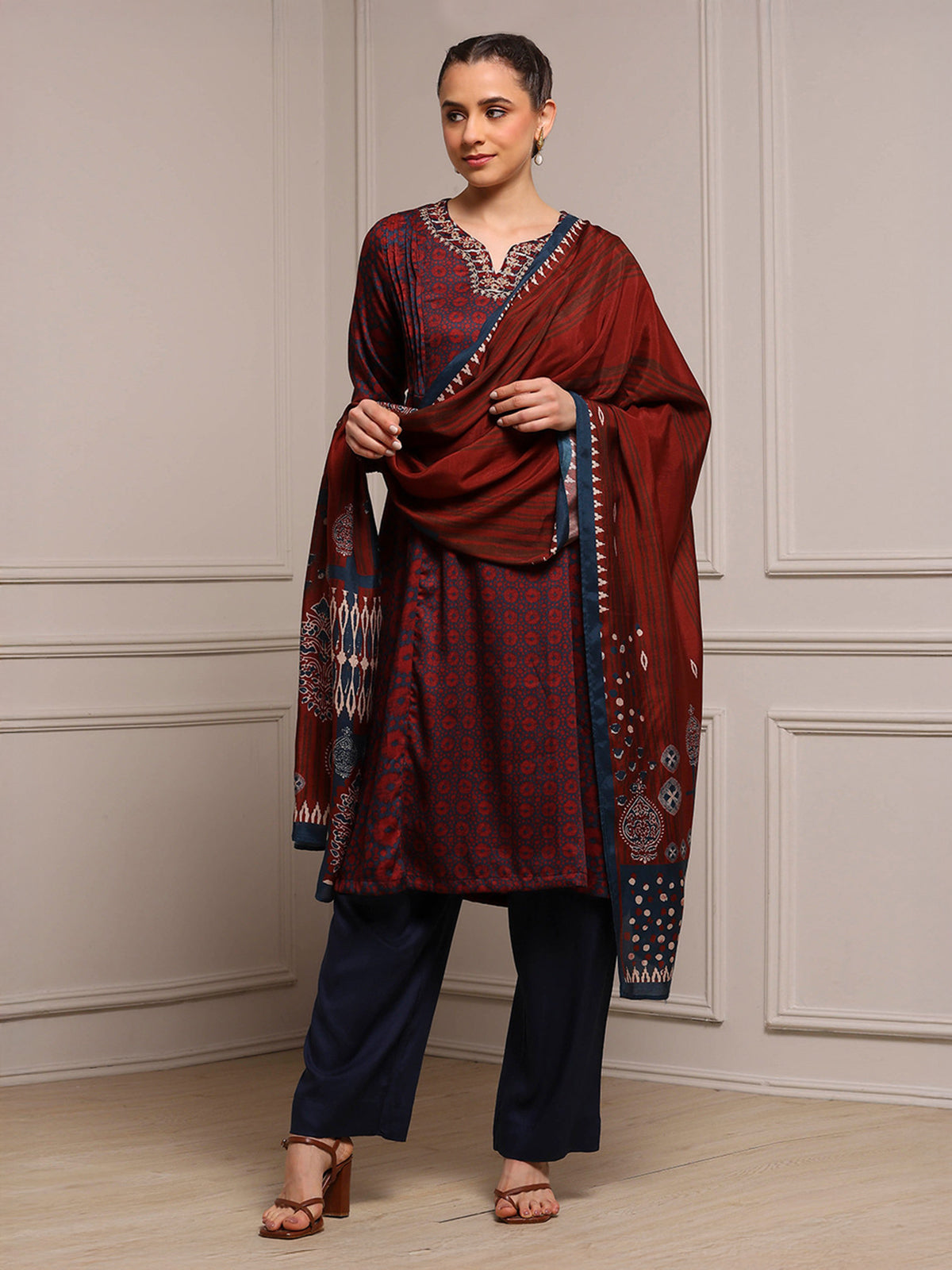 Navy and maroon cotton silk kurti set