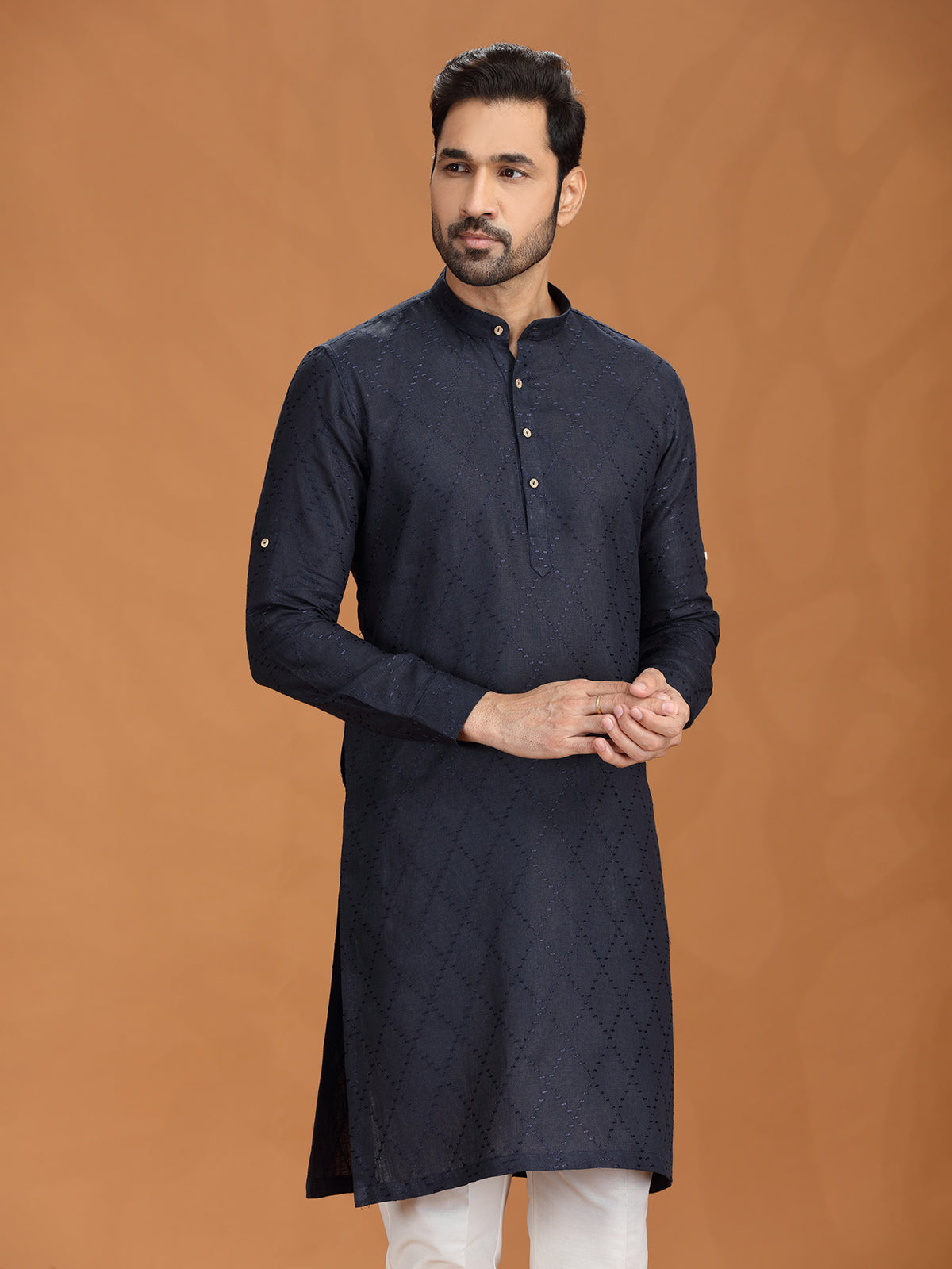 Navy blue embroidered linen kurta pant set