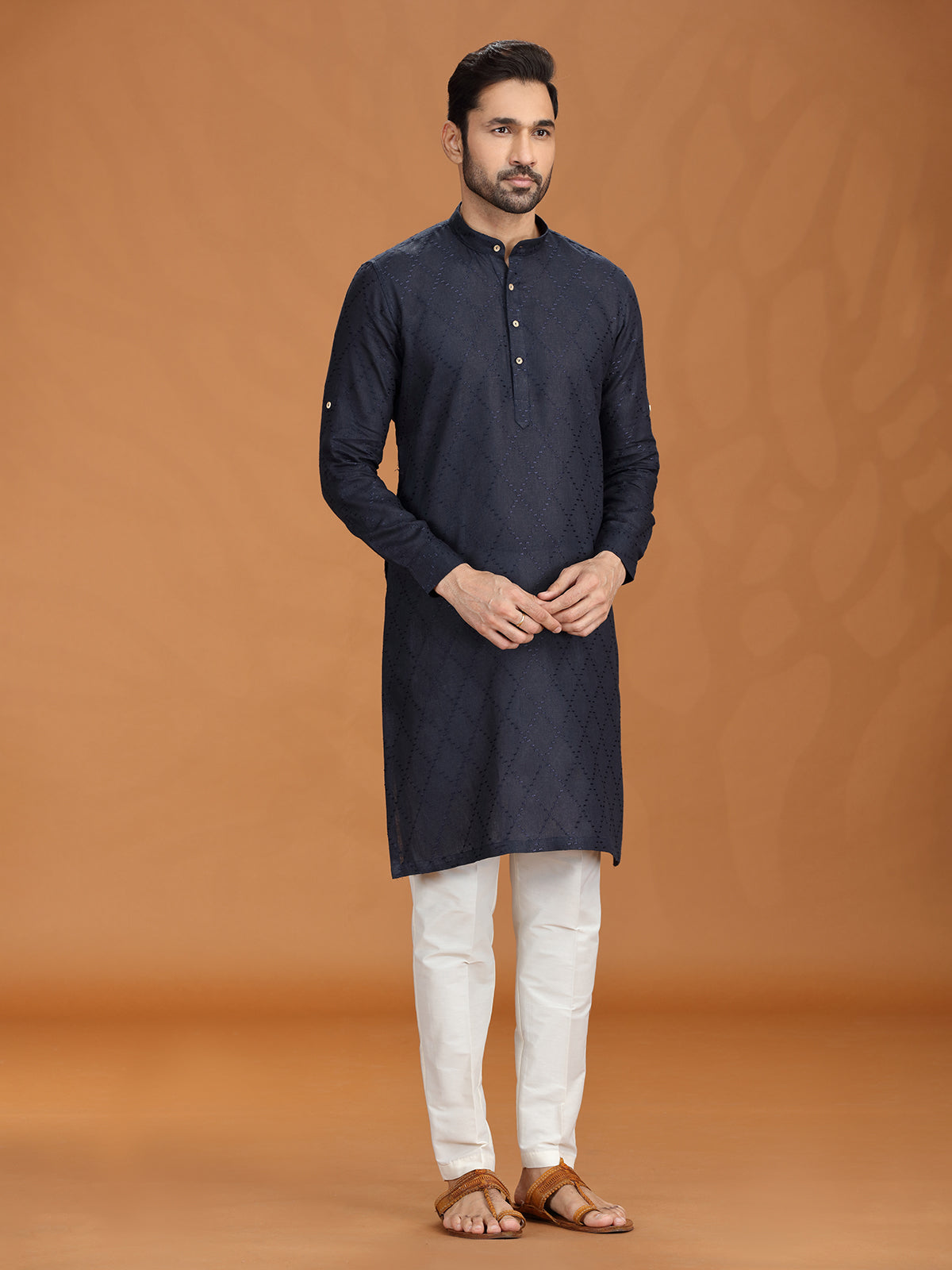 Navy blue embroidered linen kurta pant set