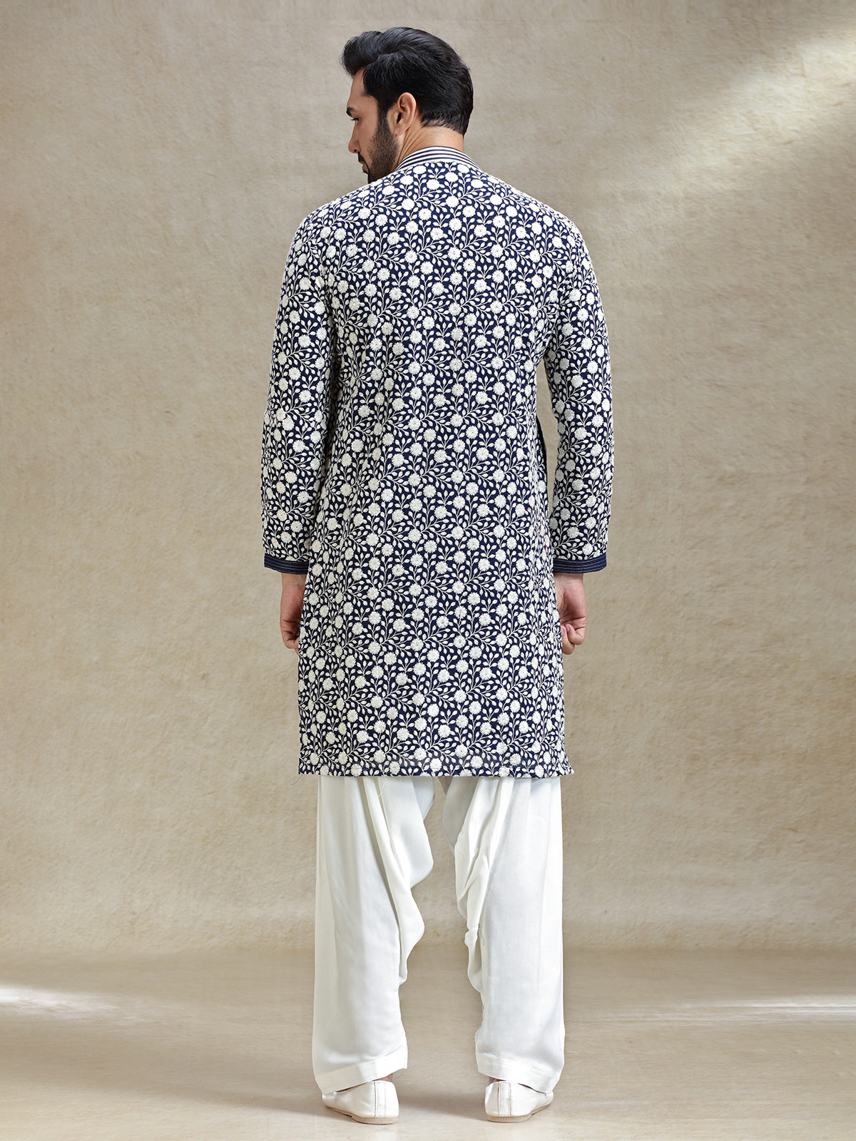Navy blue mens kurta salwar in embroidery