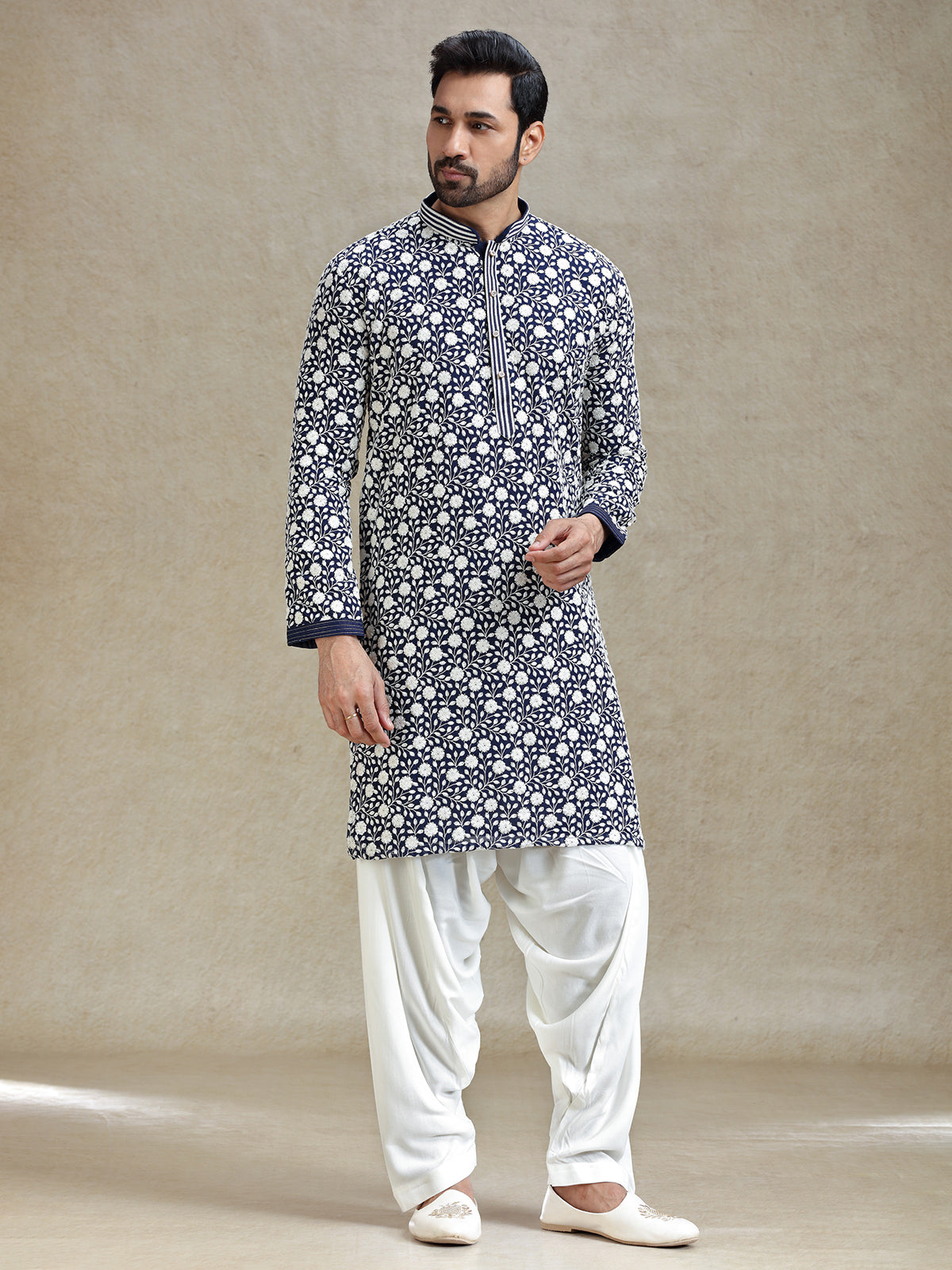 Navy blue mens kurta salwar in embroidery